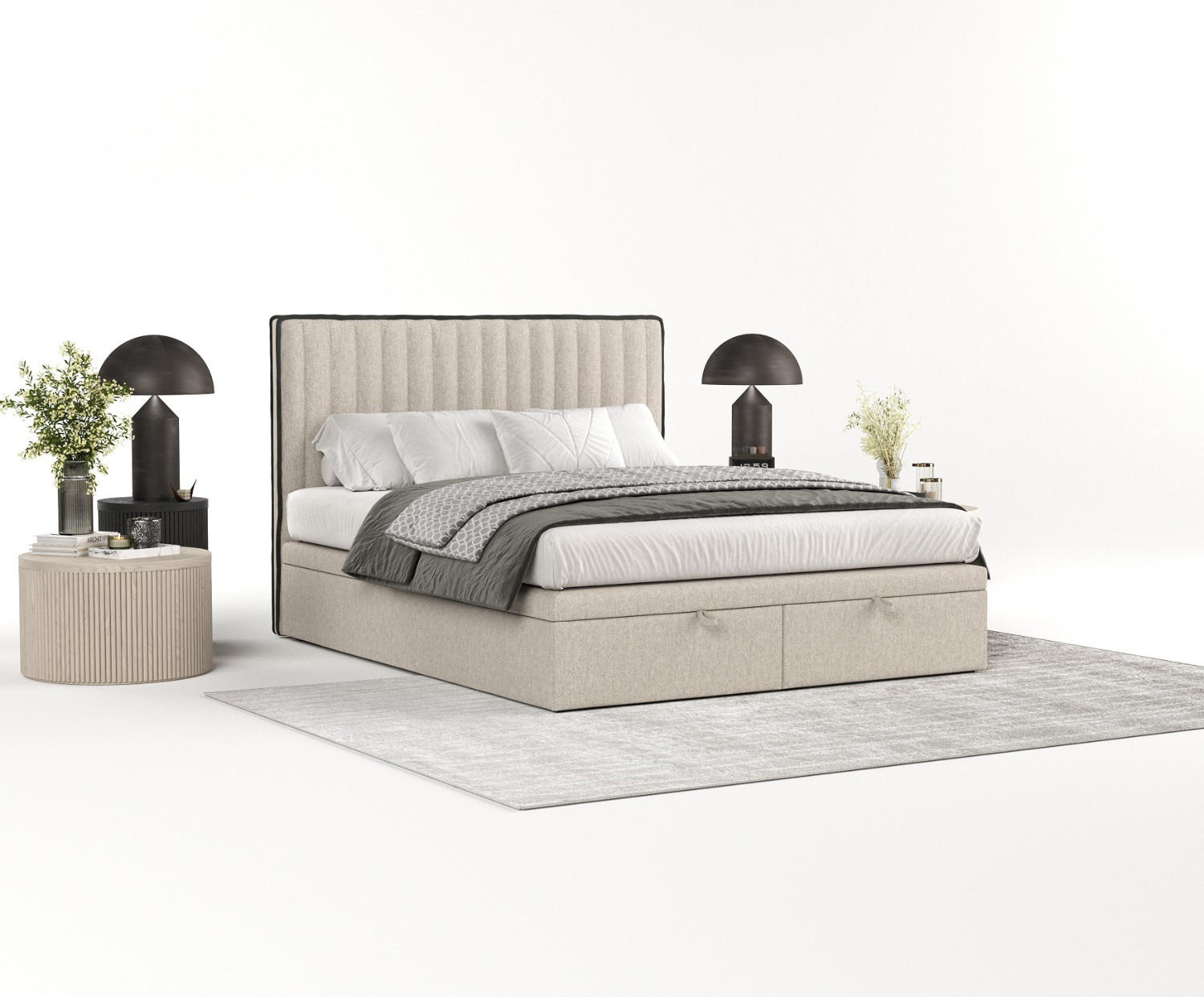 POLSTERBETT Keva mit Stauraum 140/200 cm Hellbeige im Megan Stoff - Sandfarben/Schwarz, Holz/Holzwerkstoff (140/200cm) - AltaBeds