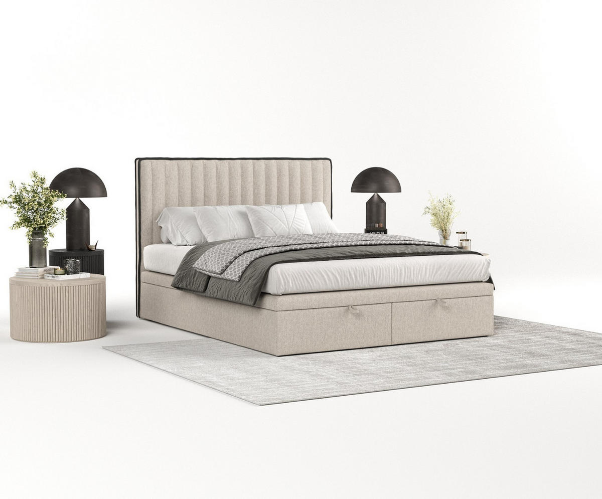 POLSTERBETT Keva mit Stauraum 200/200 cm Hellbeige im Megan Stoff - Sandfarben/Schwarz, Holz/Holzwerkstoff (200/200cm) - AltaBeds
