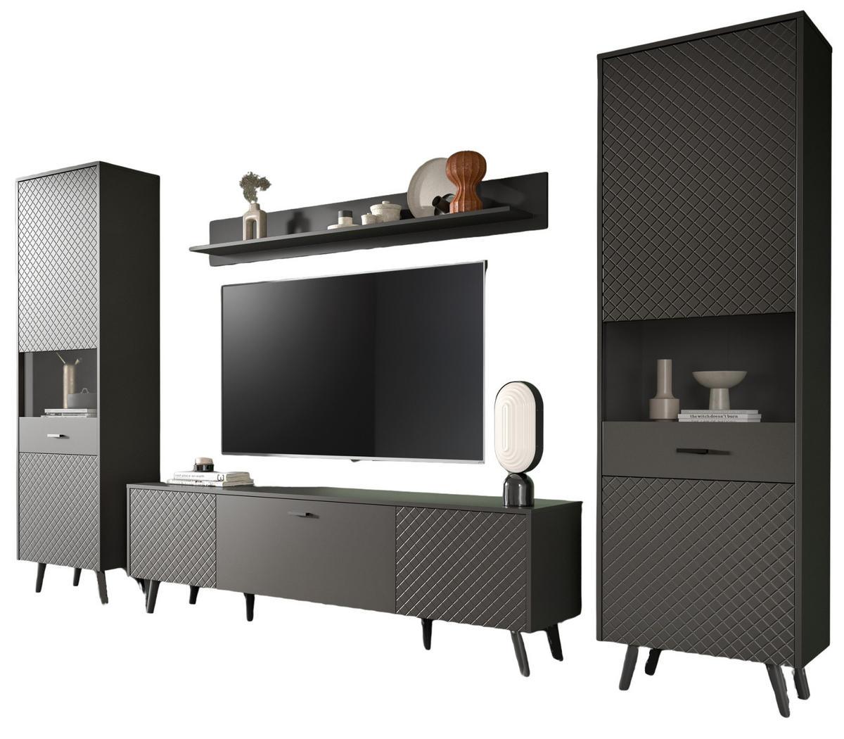 WOHNWAND grau matt 4-teilig 331 cm, Schrankwand mit Struktur - Schwarz/Grau, Glas/Holzwerkstoff (331/195/40cm) - Inn.Furn