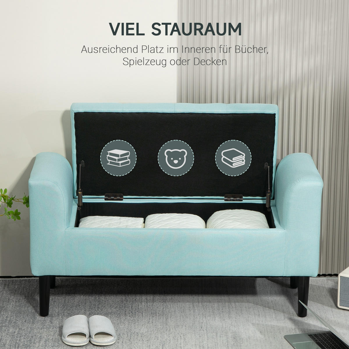 SITZBANK mit Stauraum, Polsterbank mit Leinenoptik, Sitzhocker Aufbewahrungsbox - Grün, Kunststoff (44/58/116cm) - HOMCOM