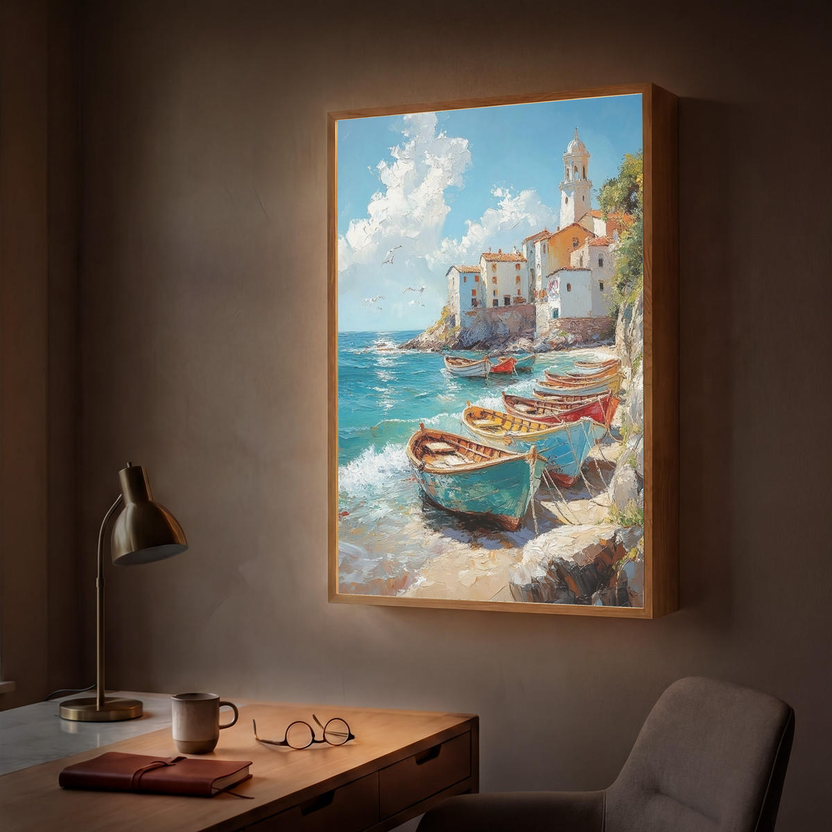 NÁSTĚNNÁ LAMPA S AKUMULÁTOREM Lodě - skály - moře - slunce 60x90 cm - modrá, kompozitní dřevo (60/90/8cm) - OnlyWow