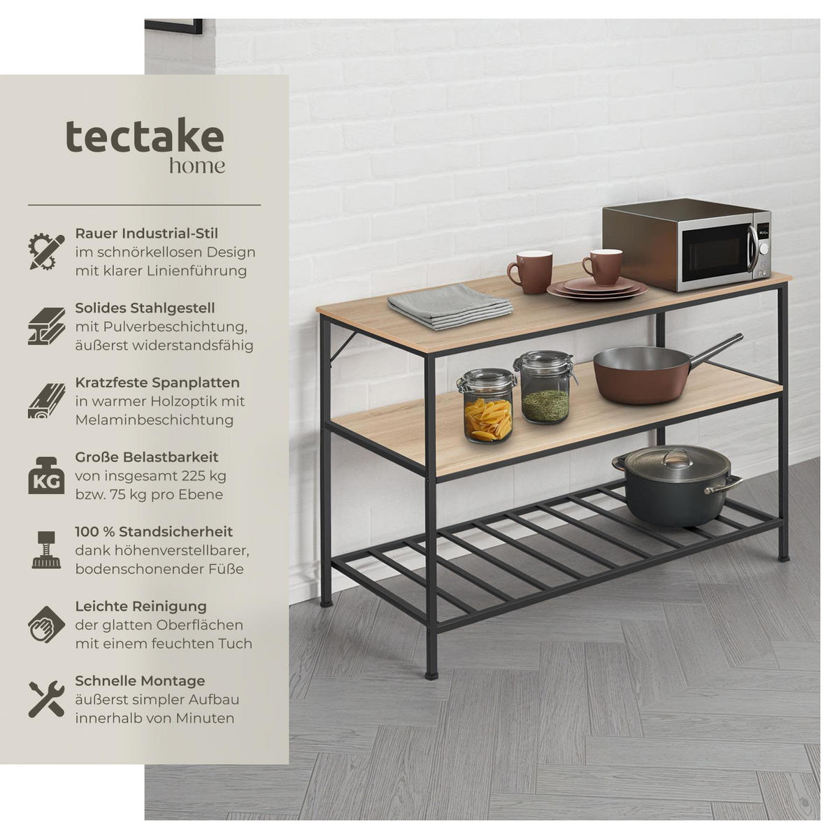 KÜCHENREGAL Akeley, 120 x 60 x 90, 5 cm, Industrial Holz hell, Eiche Sonoma - Naturfarben, Holzwerkstoff (60/90.5/120cm) - tectake