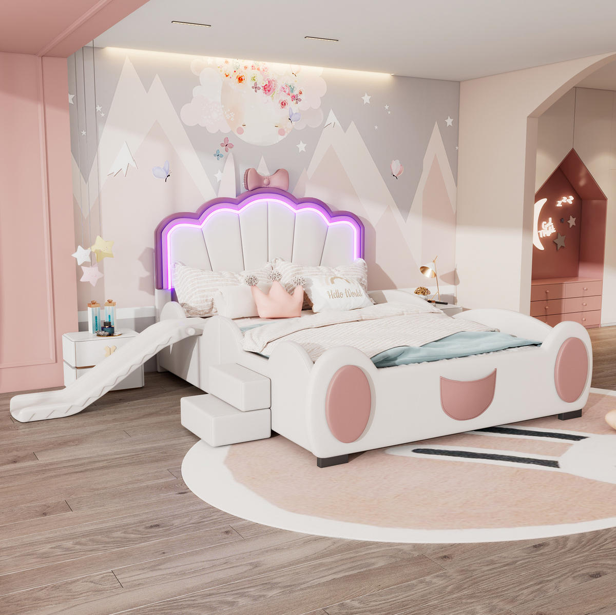 HAUSBETT 140/200 cm Rosa/Weiß aus PU und MDF mit Rutsche und Leiter - Rosa, Kunststoff (140/200cm) - OKMYHOME
