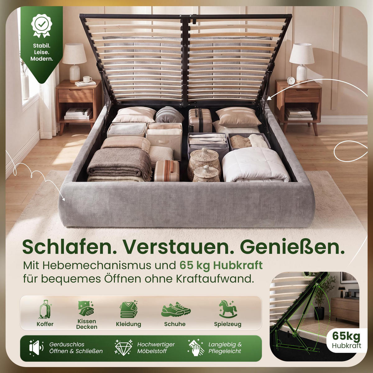 POLSTERBETT 160 cm/200 cm cm Stoff Grau - Grau, Textil (178/220cm) - CLP