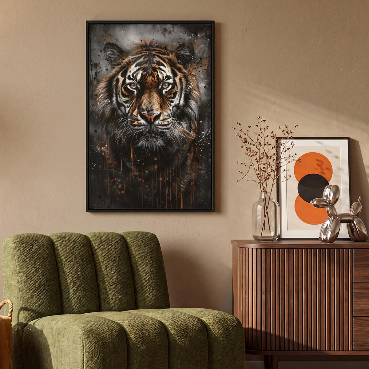 LEINWAND Bilder mit Rahmen - Tiger - Tiere - Porträt - Luxus - Schwarz - 60x90 - Braun, Textil (60/90cm) - MuchoWow