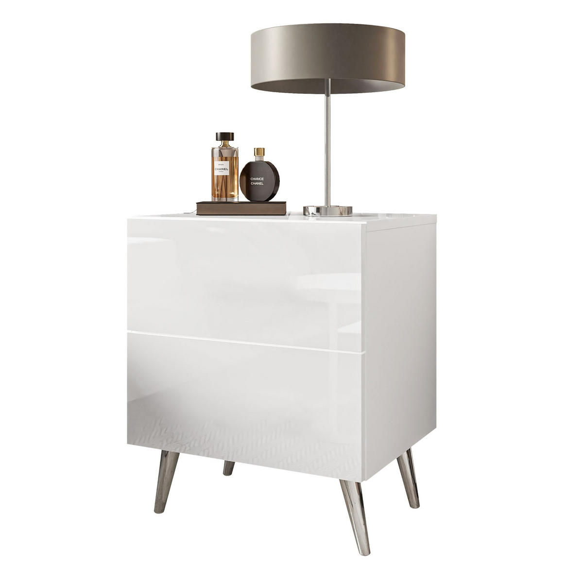 NACHTTISCH AURA LUX PUSH OPEN auf Beinen – Beinfarbe: Chrom - Weiß, Holzwerkstoff (45/55/38.5cm) - Lookway