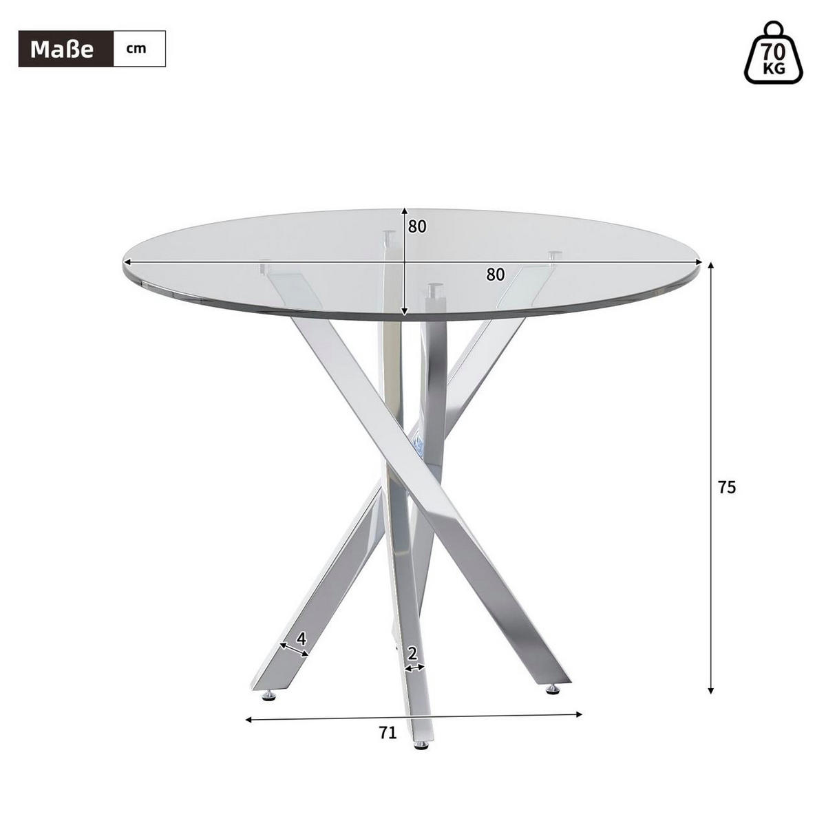 ESSTISCH aus Glas 80x80x75 cm Silber für 2-4 Personen mit gehärteter Glasplatte und Kreuzgestell - Silberfarben, Glas (80/80/75cm) - Modfu