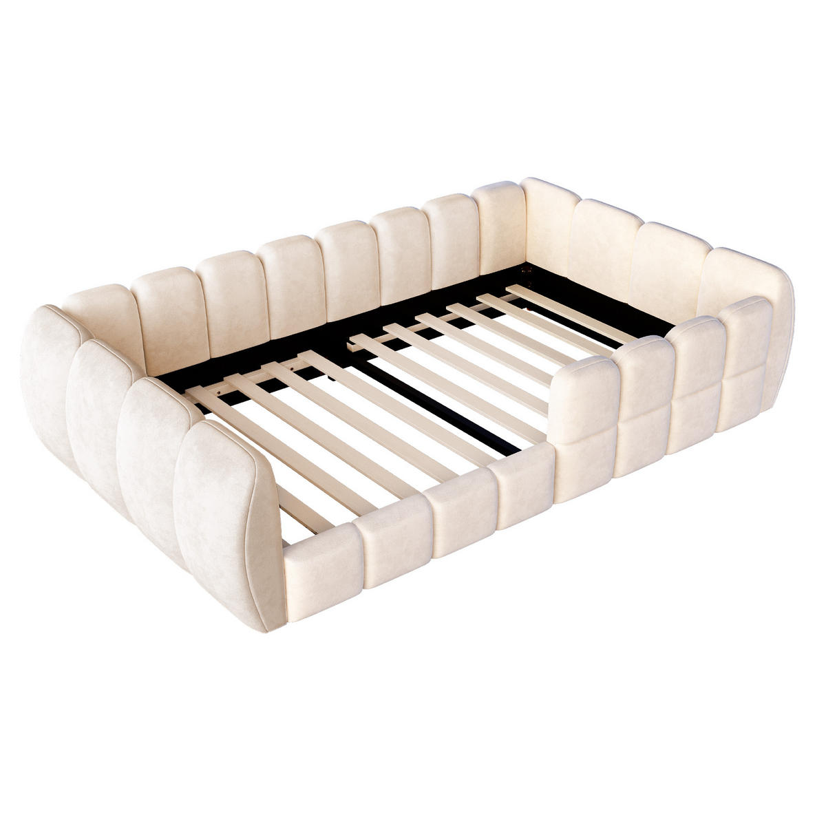POLSTERBETT 90/200 cm in Beige Samt mit abgerundeten Ecken - Beige, Holzwerkstoff/Textil (90/200cm) - WISHDOR