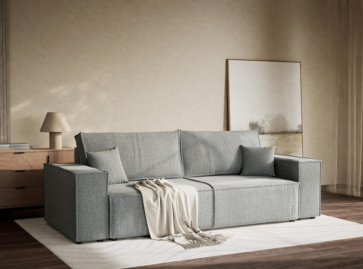 ROZKLÁDACÍ POHOVKA Milos, textil, modrošedý - černá/šedohnědá, dřevo/kompozitní dřevo (255/70/105cm) - Maison de Reve