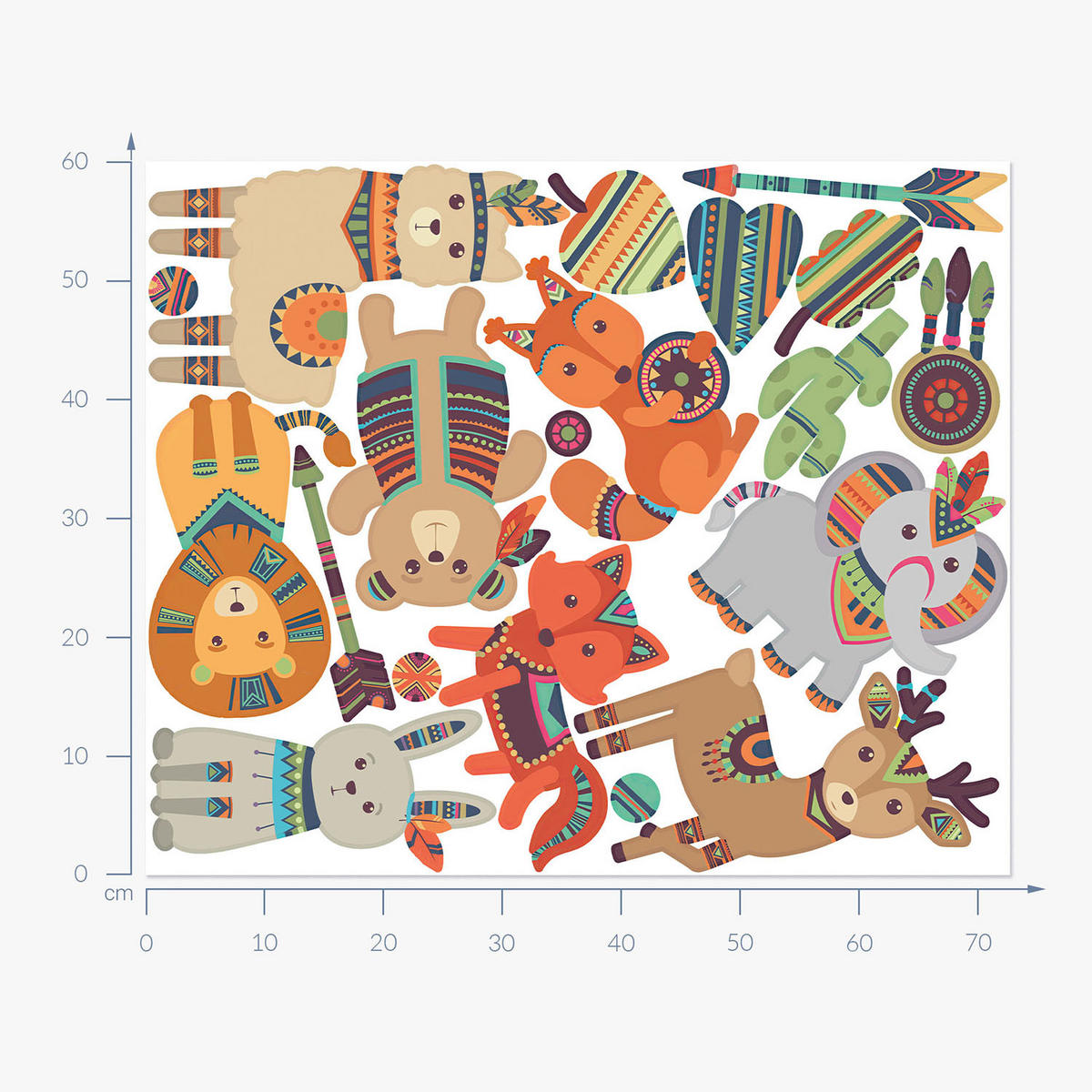 WANDAUFKLEBER 60x72cm - Boho-Tiere - Multicolor, Kunststoff (60/72/0.1cm) - Wallfluent