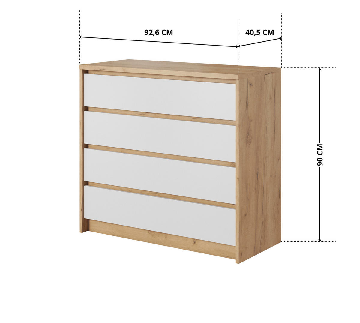 KOMMODE CORSA F 93 cm Eiche Craft Gold / Weiß - mit 4 Schubladen - Eichefarben/Weiß, Holz/Holzwerkstoff (93/90/40cm) - Ravio