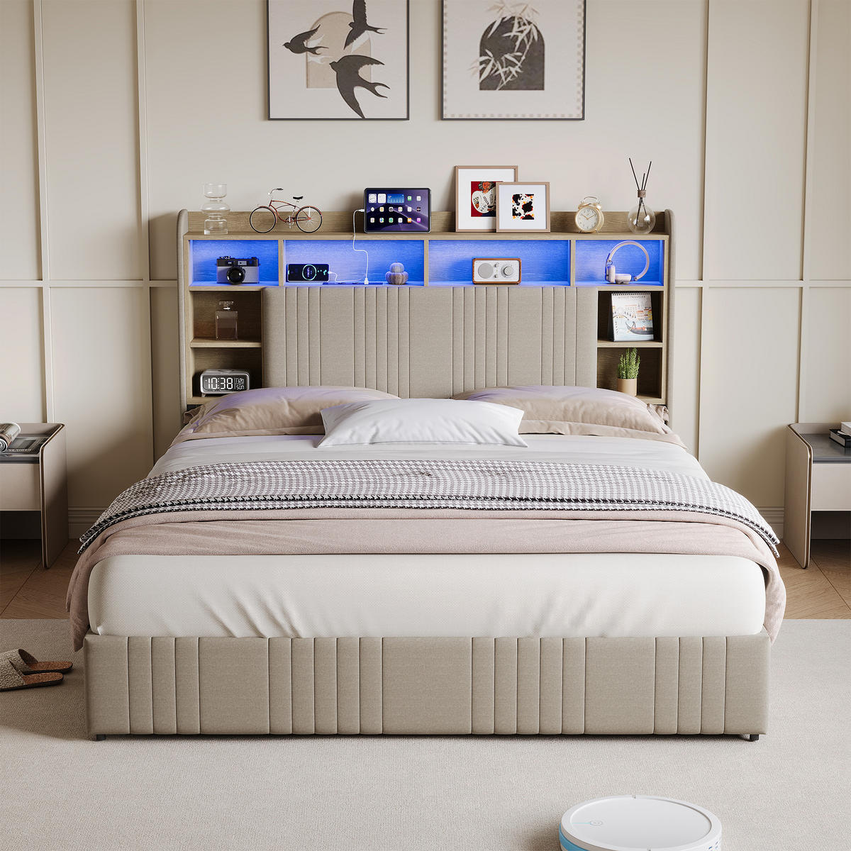 POLSTERBETT 160/200 cm Beige mit 4 Schubladen, LED-Kopfteil mit Ablage und USB - Beige, Metall (160/200cm) - EuroLiving