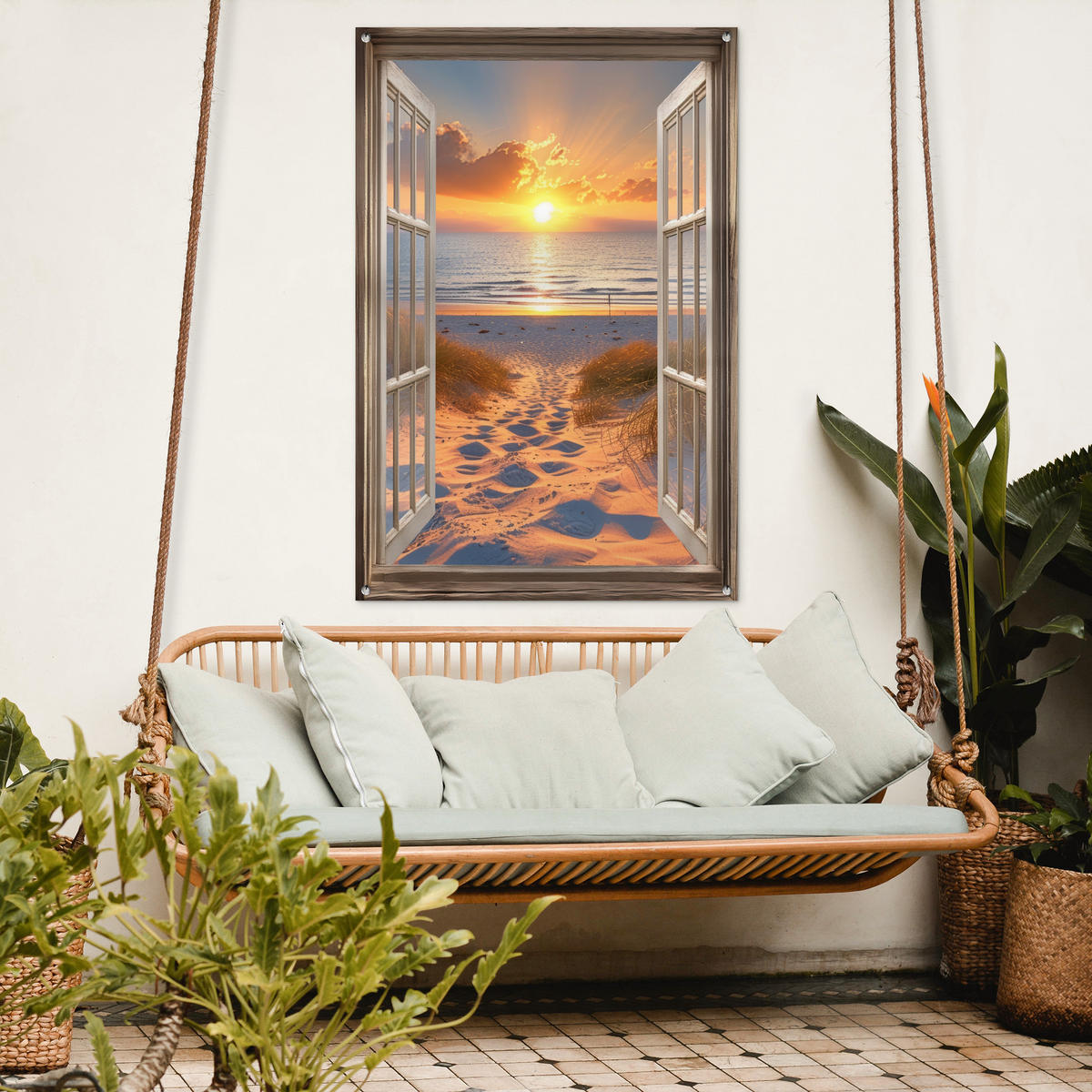 GARTENPOSTER Durchblick - Strand - Dünen - Sonnenuntergang 80x120 cm - Orange, Kunststoff (80/120/0.2cm) - OnlyWow
