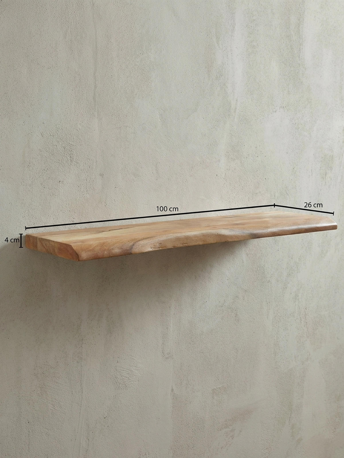 WANDREGAL Akazienholz Baumkante Rustikal, Beige 100x26x4 cm - Beige, Holz (100/4/26cm) - KADIMA DESIGN