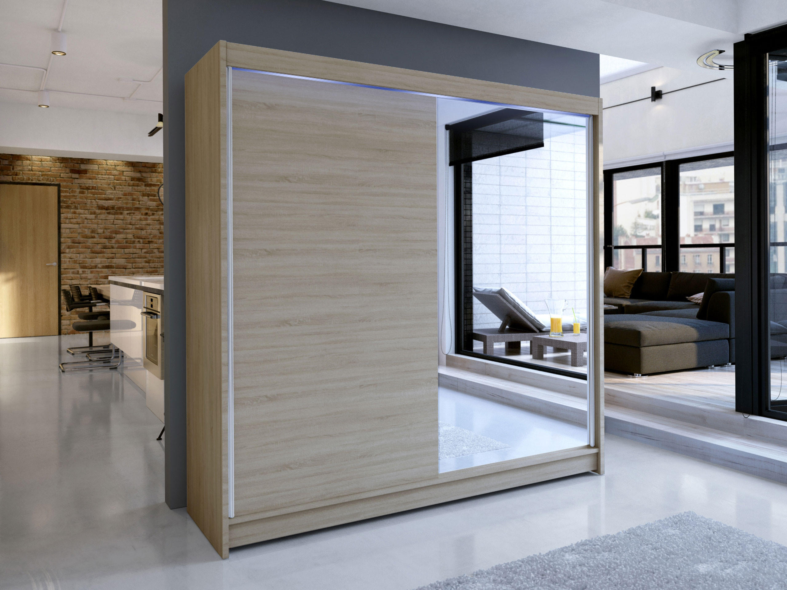 SCHWEBETÜRENSCHRANK Talin I, mit RGB LED Beleuchtung - Silberfarben/Sonoma Eiche, Holzwerkstoff/Metall (180/215/58cm) - MIRJAN24