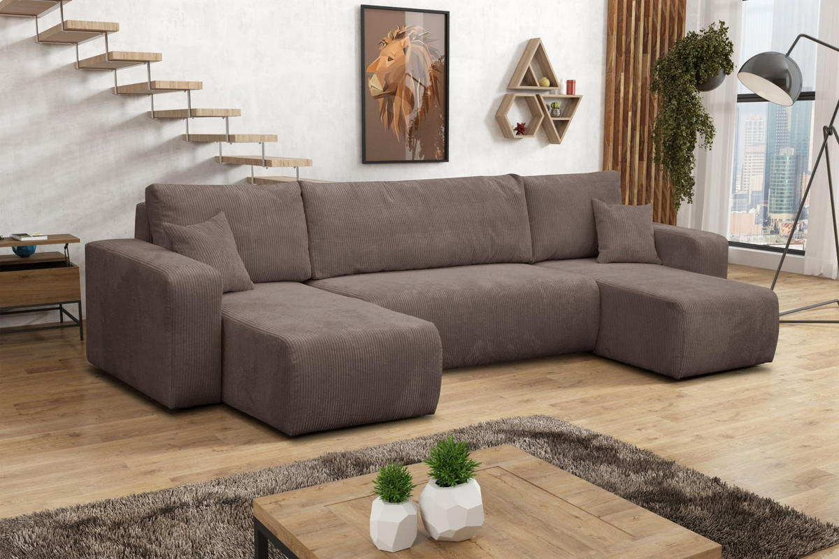 WOHNLANDSCHAFT LUNA U-FORM mit Schlaffunktion und Bettkasten (Braun) - Braun, Textil (312/83/142cm) - VENASI MÖBEL
