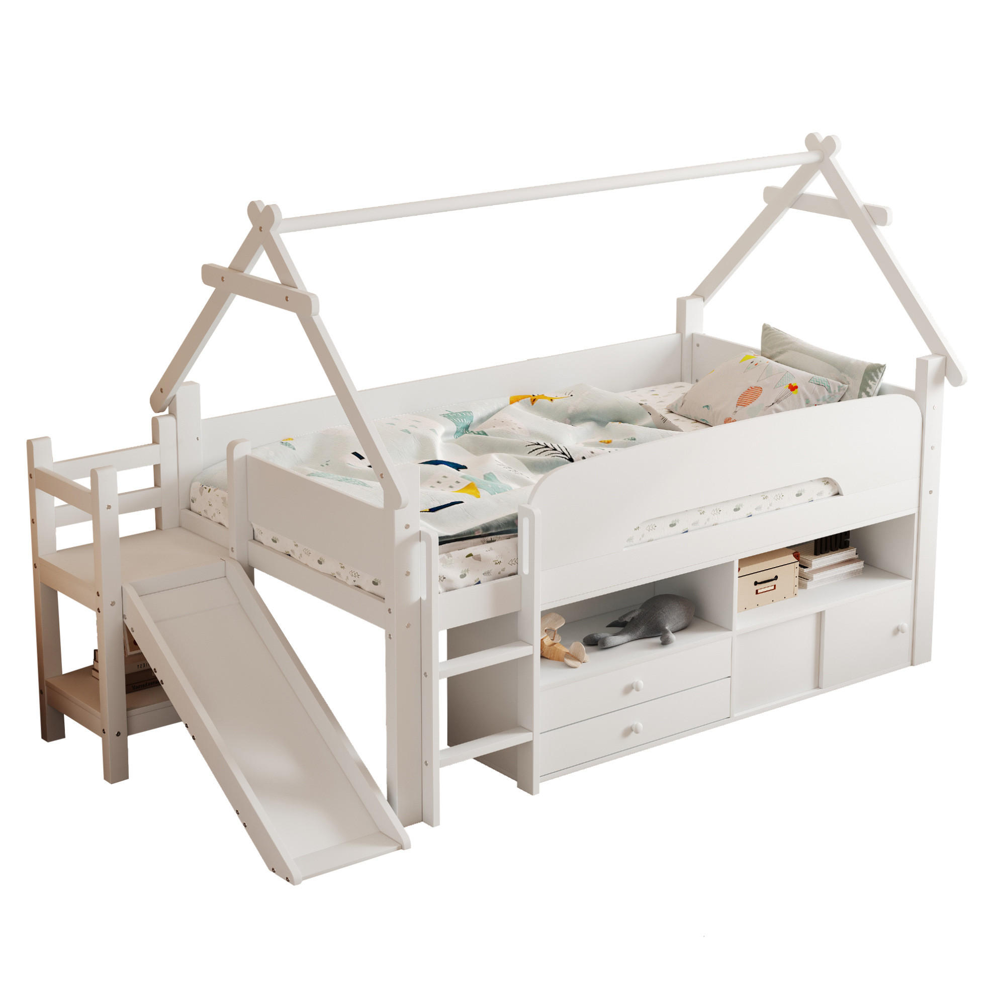 KINDERBETT 90/200 cm weiß aus Massivholz und MDF mit Rutsche und Stauraum - Weiß, Holzwerkstoff (90/200cm) - OKWISH