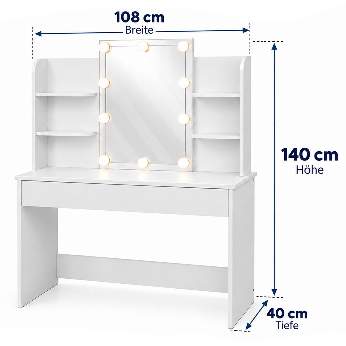SCHMINKTISCH Weiß mit Spiegel 10 LED - Weiß, Glas/Holzwerkstoff (108/140/40cm) - Relaxdays