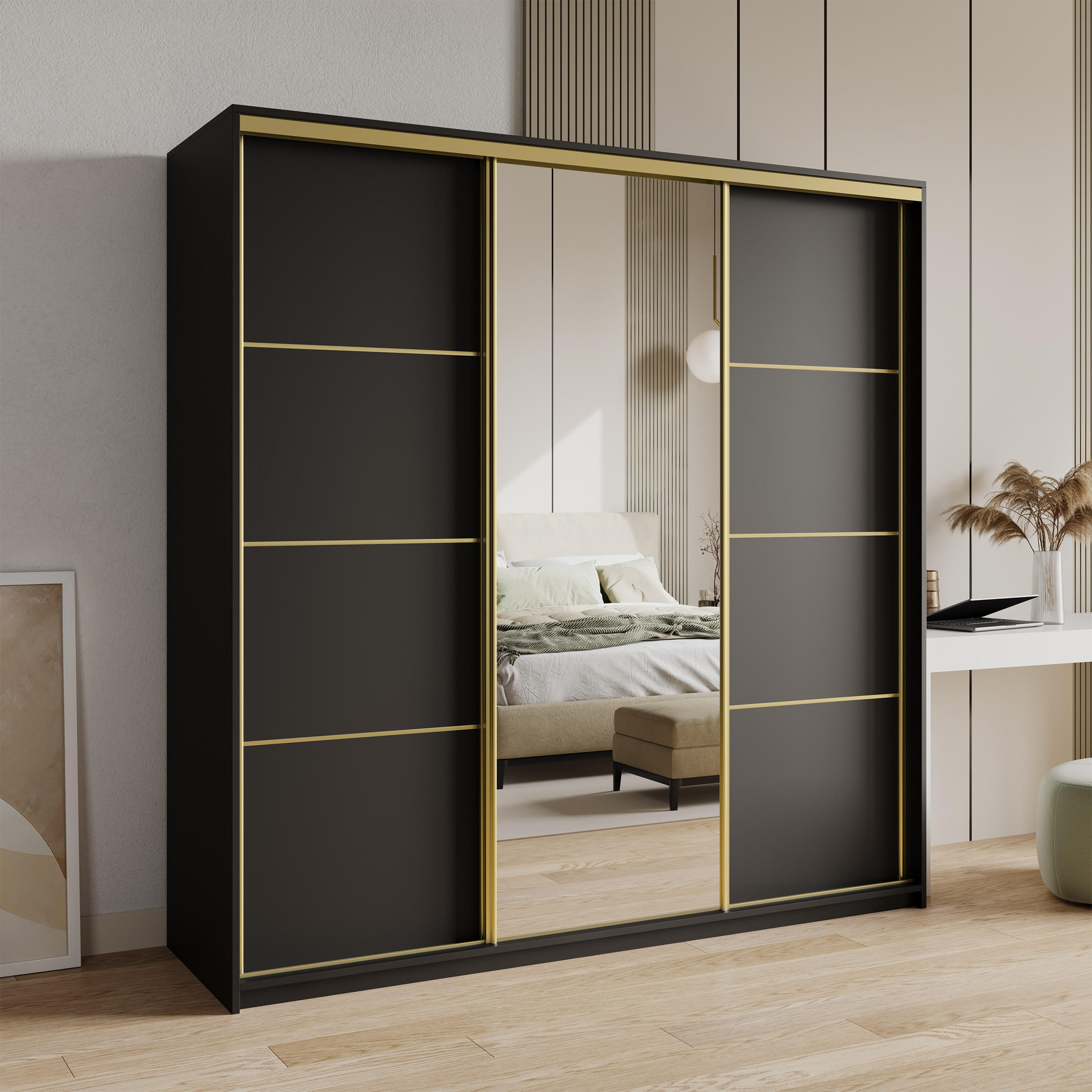SCHWEBETÜRENSCHRANK VARO 180/205/60 cm 3-türig mit Spiegel und Schubladen Schwarz - Goldfarben/Schwarz, Holzwerkstoff (180/205/60cm) - MASSENO