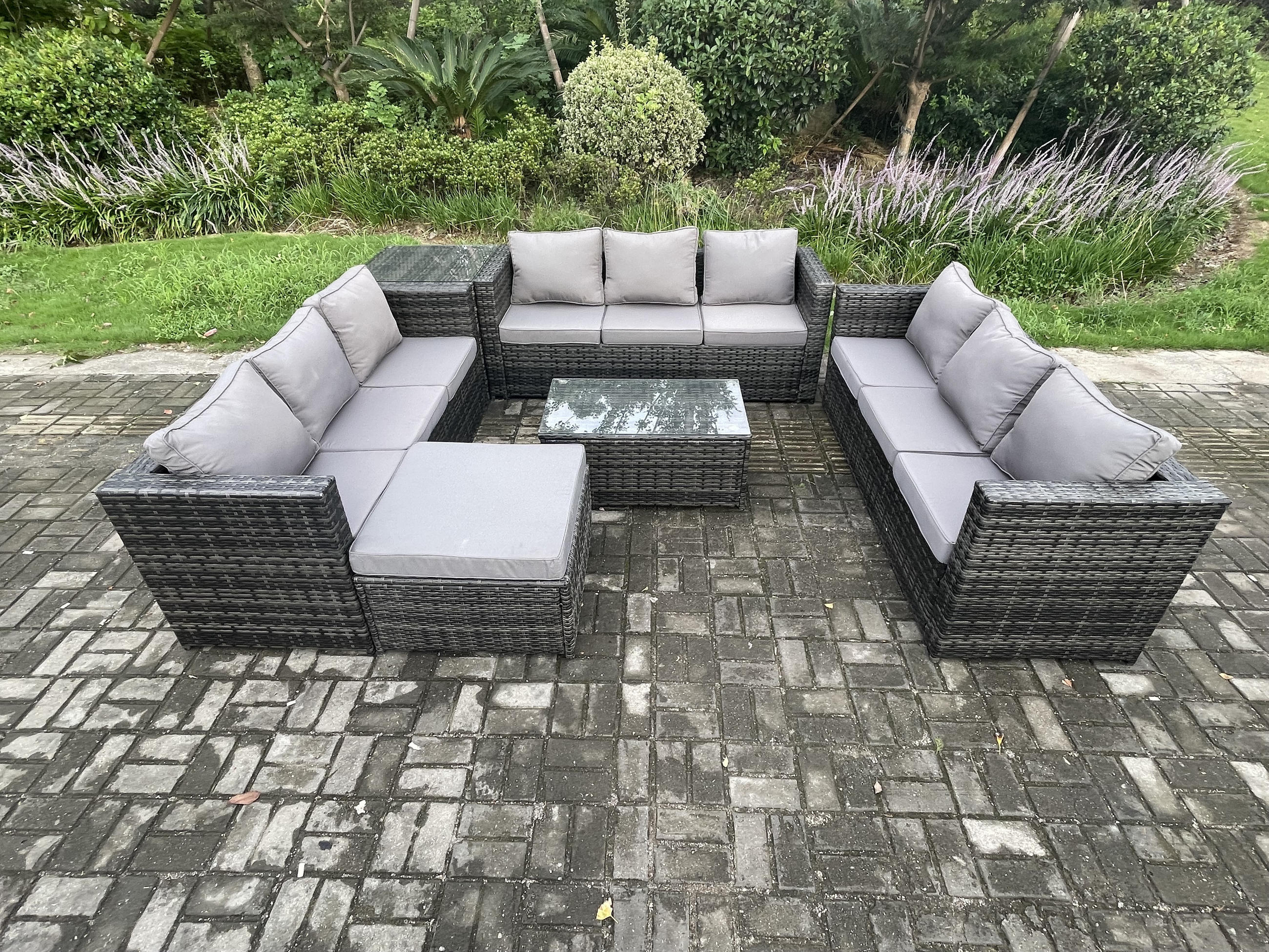 GARTENSET mit Beistelltisch Polyrattan 10-Sitzer - Dunkelgrau, Metall - Fimous