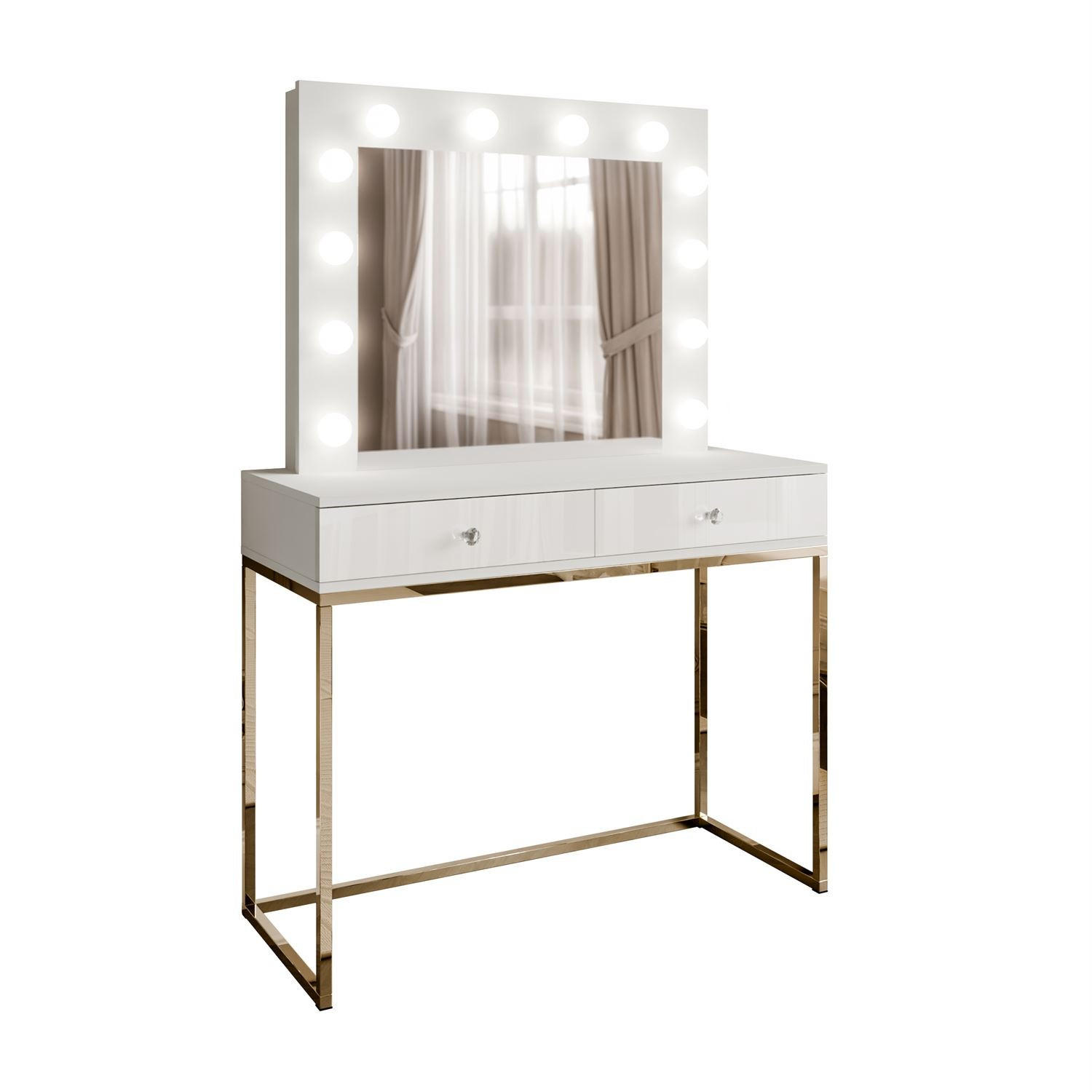 SCHMINKTISCH BLANCO mit Spiegel und Beleuchtung Gold Chrom Weiß Hochglanz Kristallgriff - Weiß Hochglanz/Goldfarben, Holzwerkstoff (100/146/42cm) - Lookway