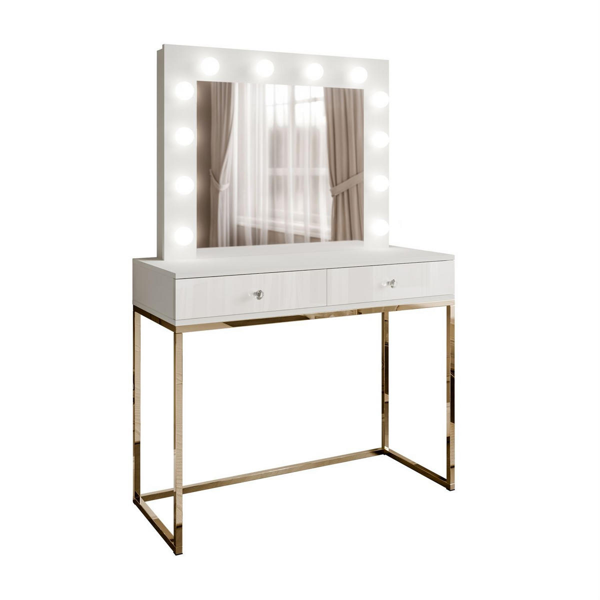 SCHMINKTISCH BLANCO mit Spiegel und Beleuchtung Gold Chrom Weiß Hochglanz Kristallgriff - Weiß Hochglanz/Goldfarben, Holzwerkstoff (100/146/42cm) - Lookway