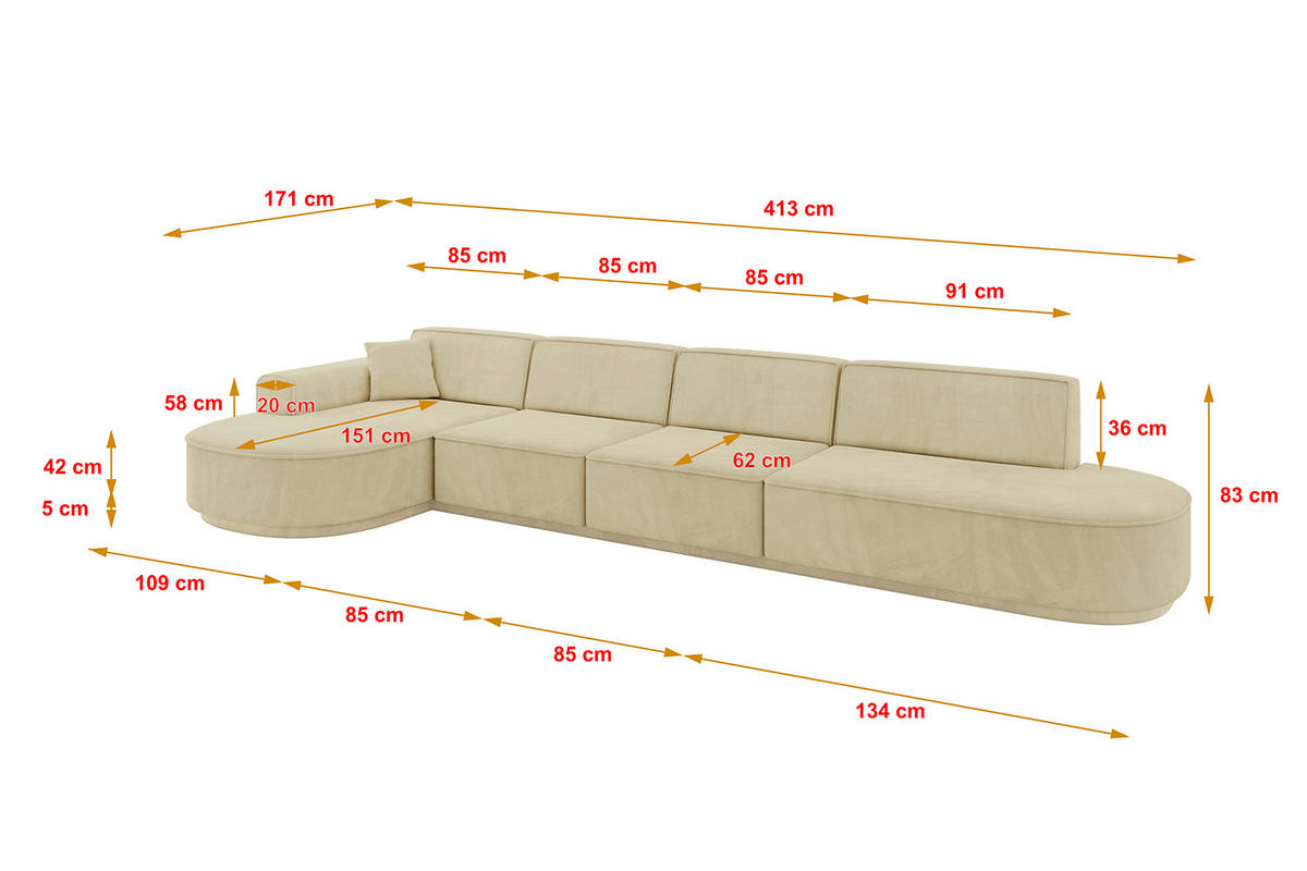 ECKSOFA Ottomane Links MARI-L3-v3 - 413x171x83 cm Beige Velours - Beige/Schwarz, Holzwerkstoff/Kunststoff (413/171cm) - ALTDECOR