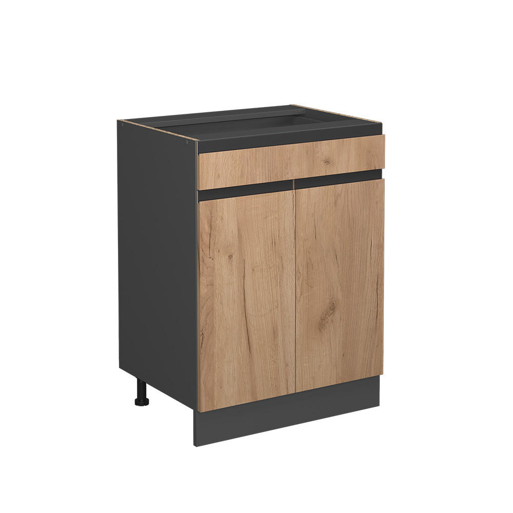 KÖKSUNDERSKÅP R-Line Goldkraft ek 60 cm J-Shape, med låda, utan bänkskiva Honungsek, Antracit 81.6/60/46 cm