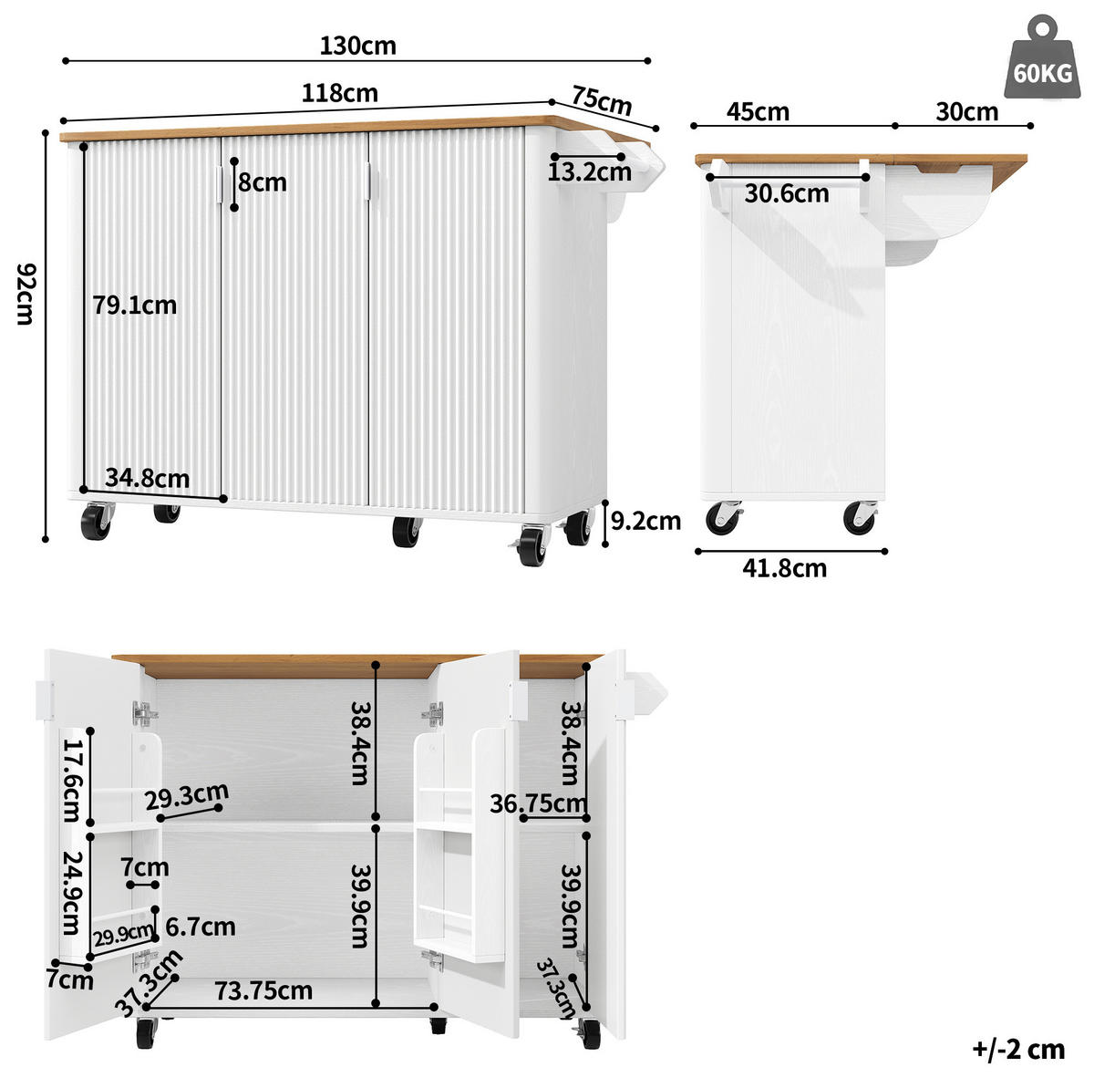 KÜCHENINSEL 130/45/92 cm weiß aus MDF mit klappbarer Platte - Weiß, Holzwerkstoff (130/92/45cm) - OKWISH