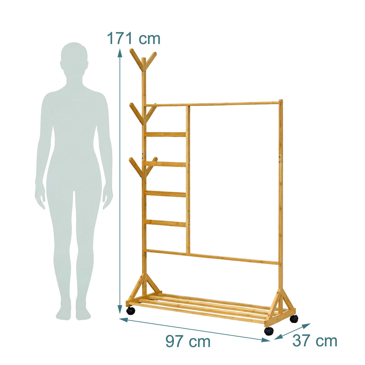KLÄDSTÄLLNING Natur bambu med hjul 6 krokar 171 cm - Ljusbrun, Trä/Plast (97/171/37cm) - Relaxdays