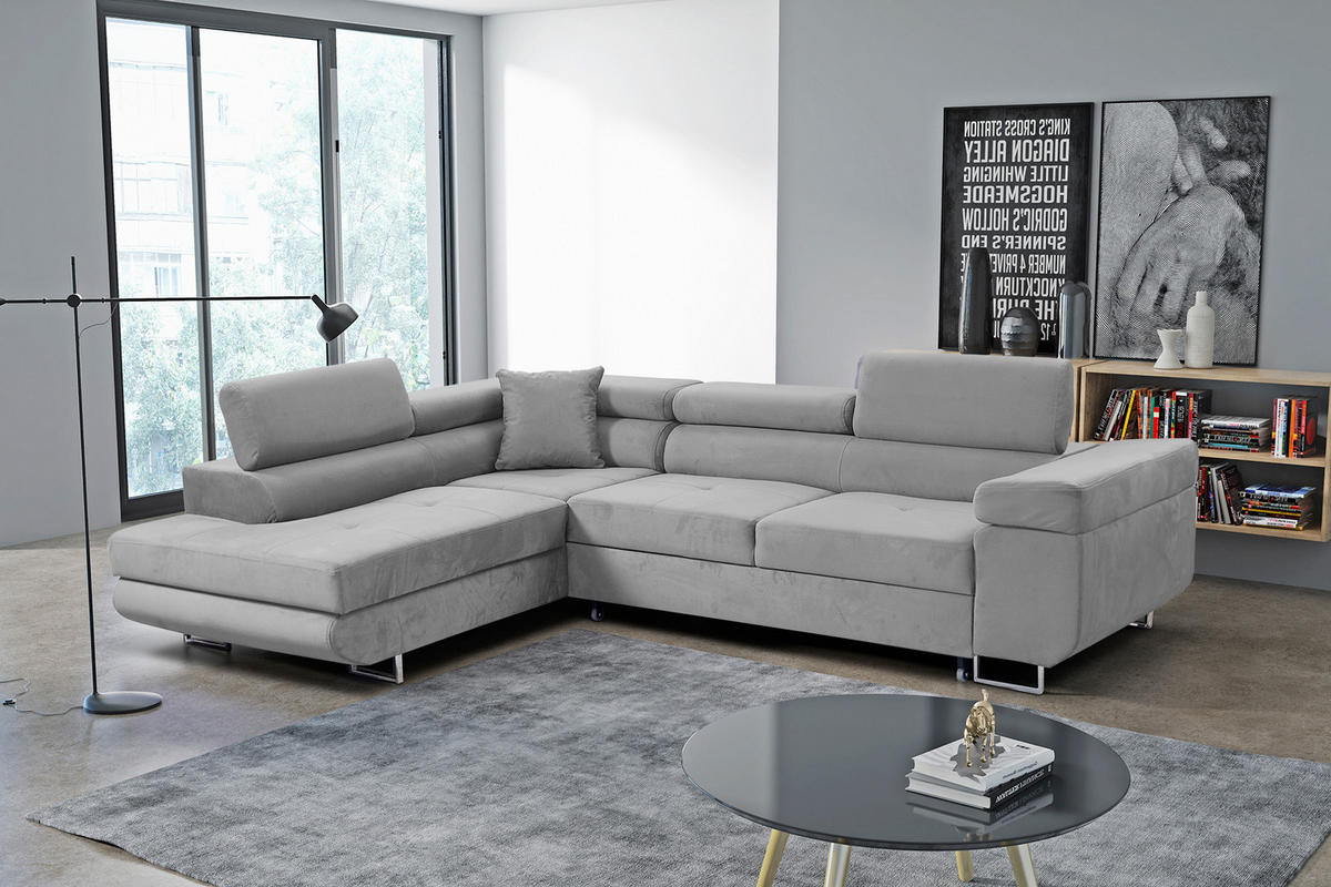 ECKSOFA Marlene III L-Form mit verstellbaren Kopfstützen Schlaffunktion Bettkasten 271 cm links hellgrau - Hellgrau, Kunststoff (271/202cm) - Margaret Hadas24