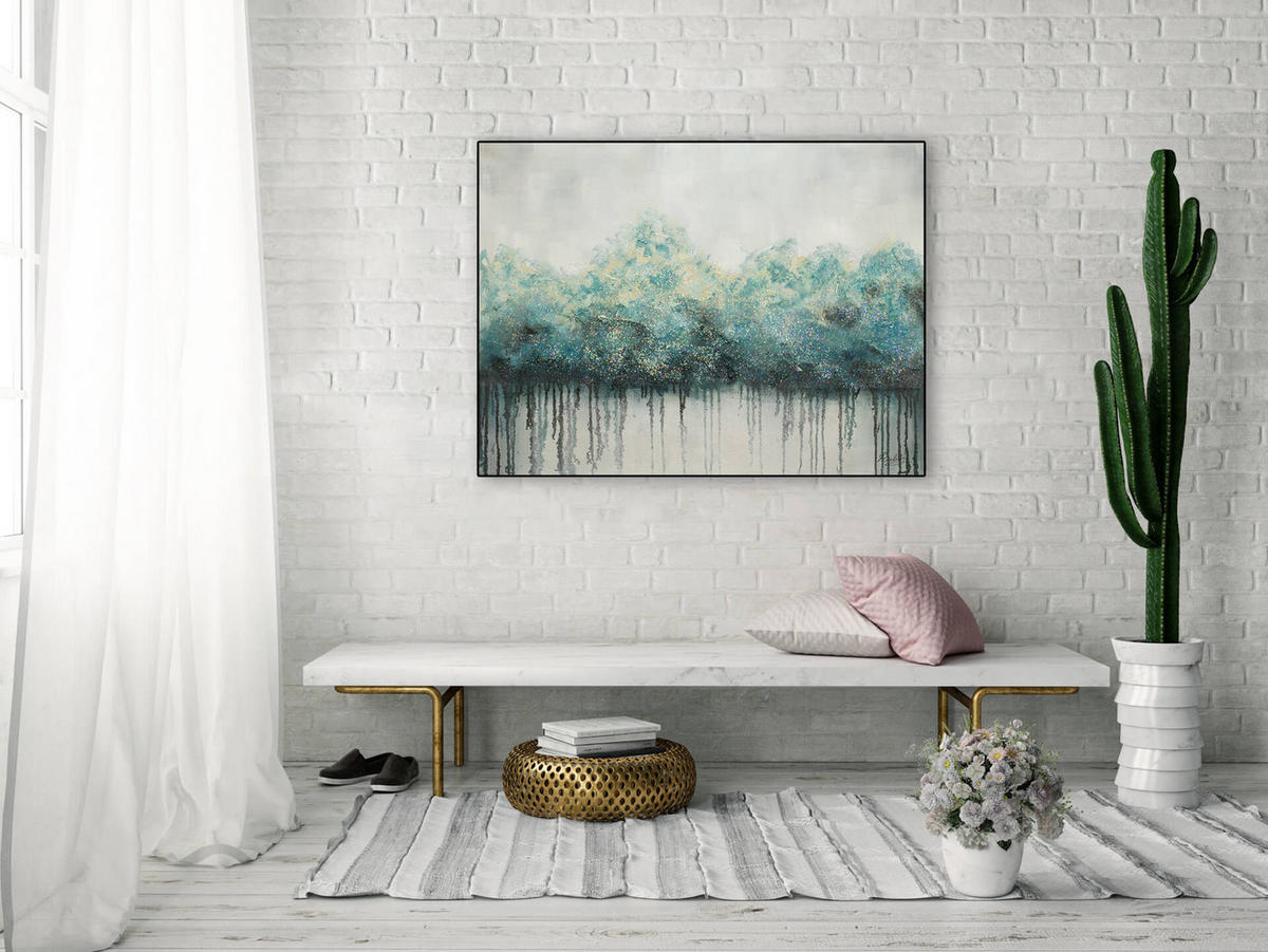 OLEJOMAĽBA 100/75 cm, Príroda a krajina - sivá/tyrkysová, drevo/textil (100/75cm) - KUNSTLOFT