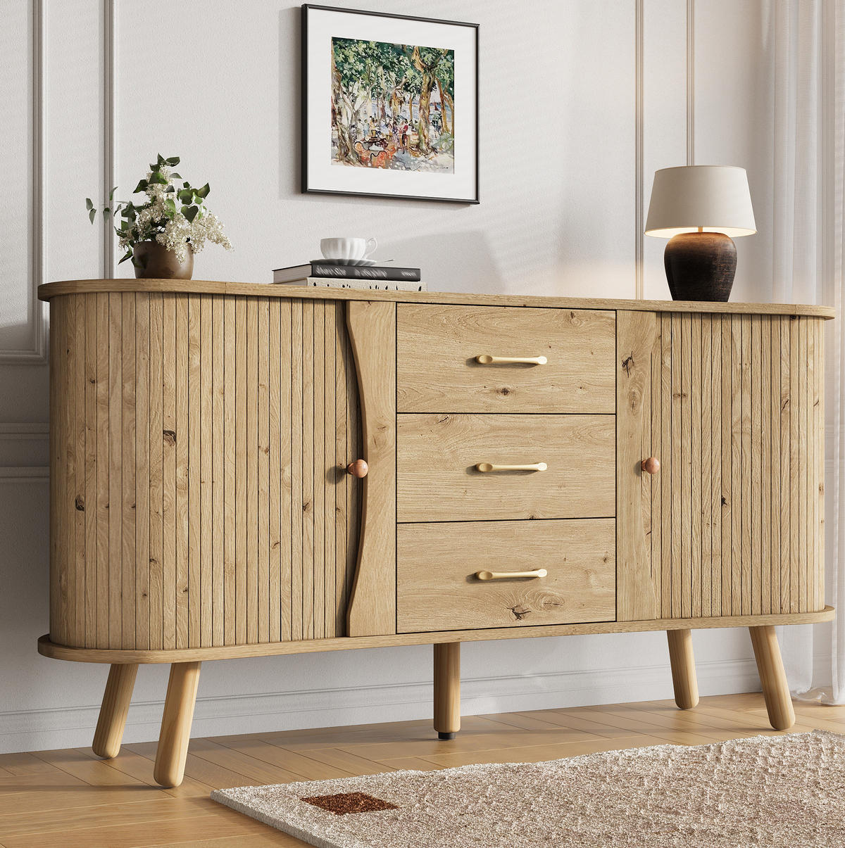 SIDEBOARD 150/36,5/75 cm Natur aus MDF mit Schiebetüren und Schubladen - Naturfarben, Holzwerkstoff (36.5/75/150cm) - OKWISH