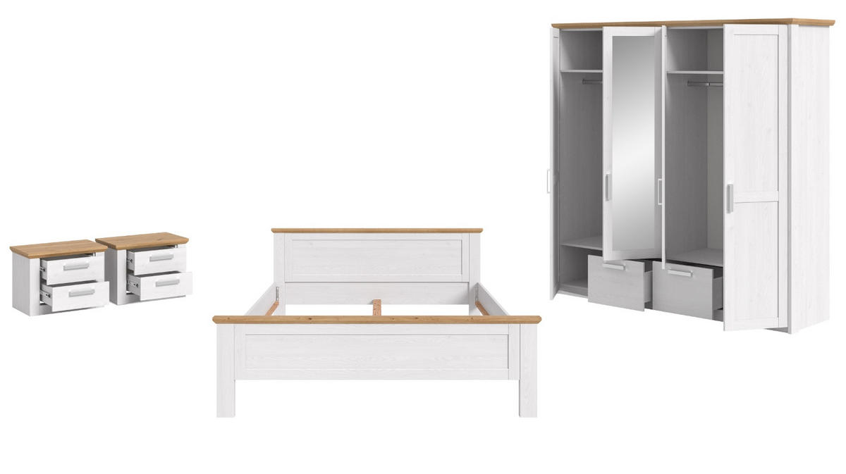 SCHLAFZIMMER weiß Lärche, Eiche Artisan Landhaus, Komplettset mit Bett, Kleiderschrank und 2x Nachttisch - Eichefarben/Silberfarben, Holzwerkstoff/Kunststoff (180/200cm) - Inn.Furn
