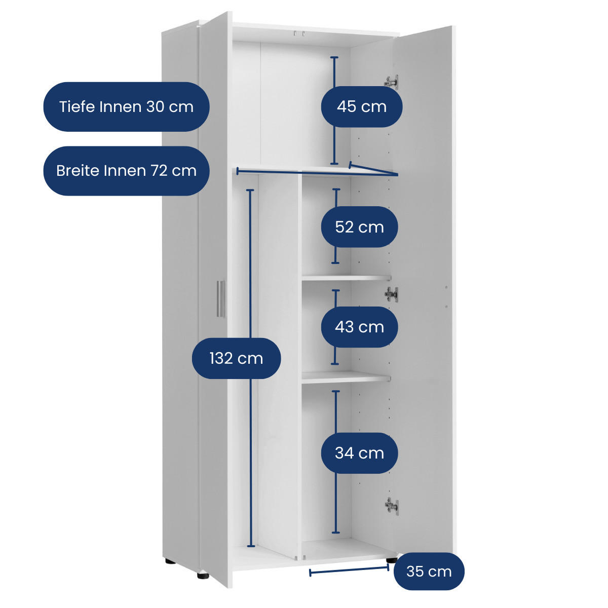 UNIVERZÁLNA SKRÍŇ s 2 dverami, 2 policami a priehradkou na vysávač v bielej farbe - biela, kompozitné drevo (75/184/35cm) - Home Collective