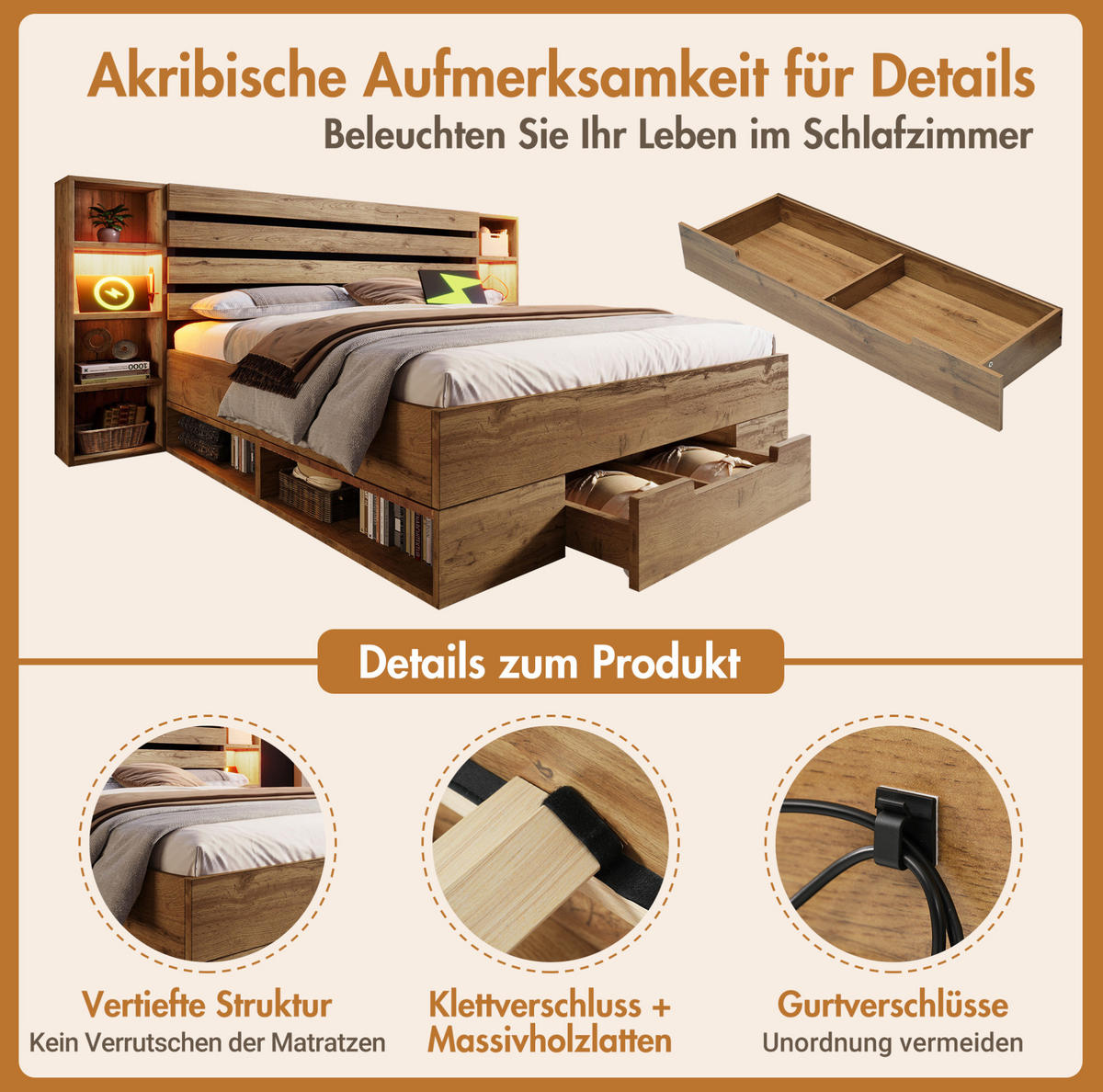 ČALOUNĚNÁ postel 252/218/90 cm, dřevo/kov, dubová s LED osvětlením a USB nabíjením - barva dubu, kov (180/200cm) - BEAOK