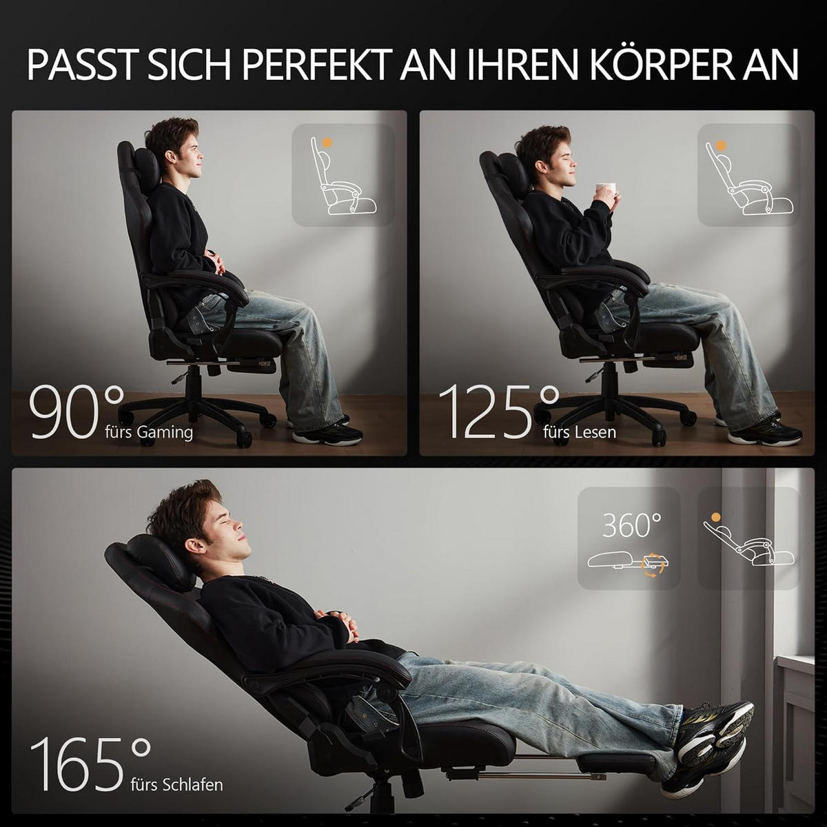 GAMING-STUHL & hoher Rückenlehne, Massagefunktion PU-Leder - Schwarz, Leder (61/117/61cm)