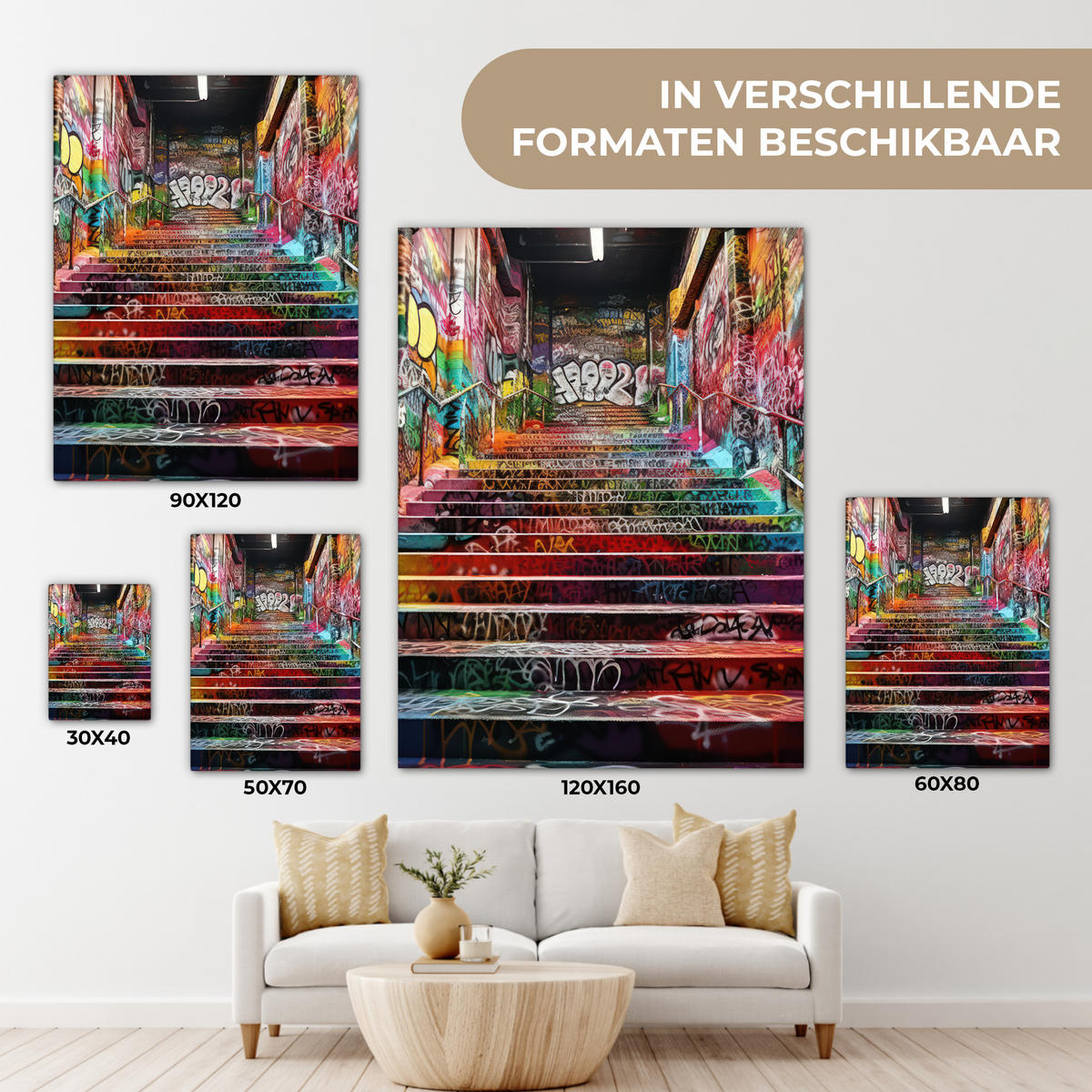LEINWANDBILD Treppe - Graffiti - Farben - Kunst Wandbild Wohnzimmer 60x80 cm - Multicolor, Textil (60/80cm) - MuchoWow