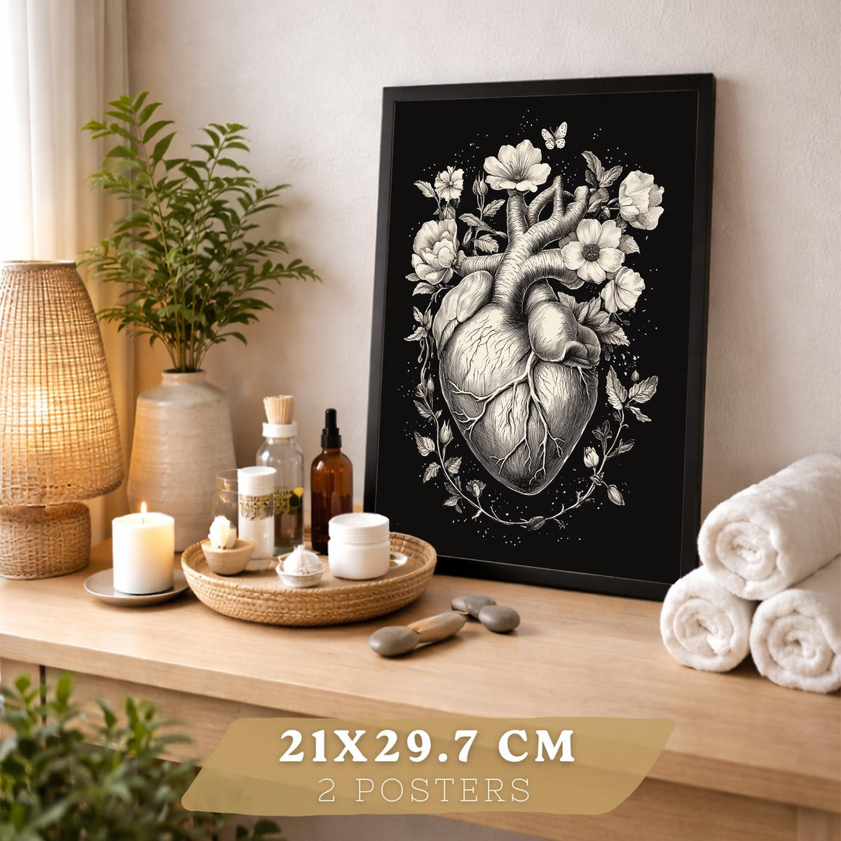 POSTER Set aus 2 Anatomie Mensch Drucke und Wandbilder mit Gehirn und Herz Monochromes Florales Design Schwarzer Hintergrund Größe Schwarzer Rahmen A4 - Schwarz, Papier (21/29.7/3cm) - Nacnic