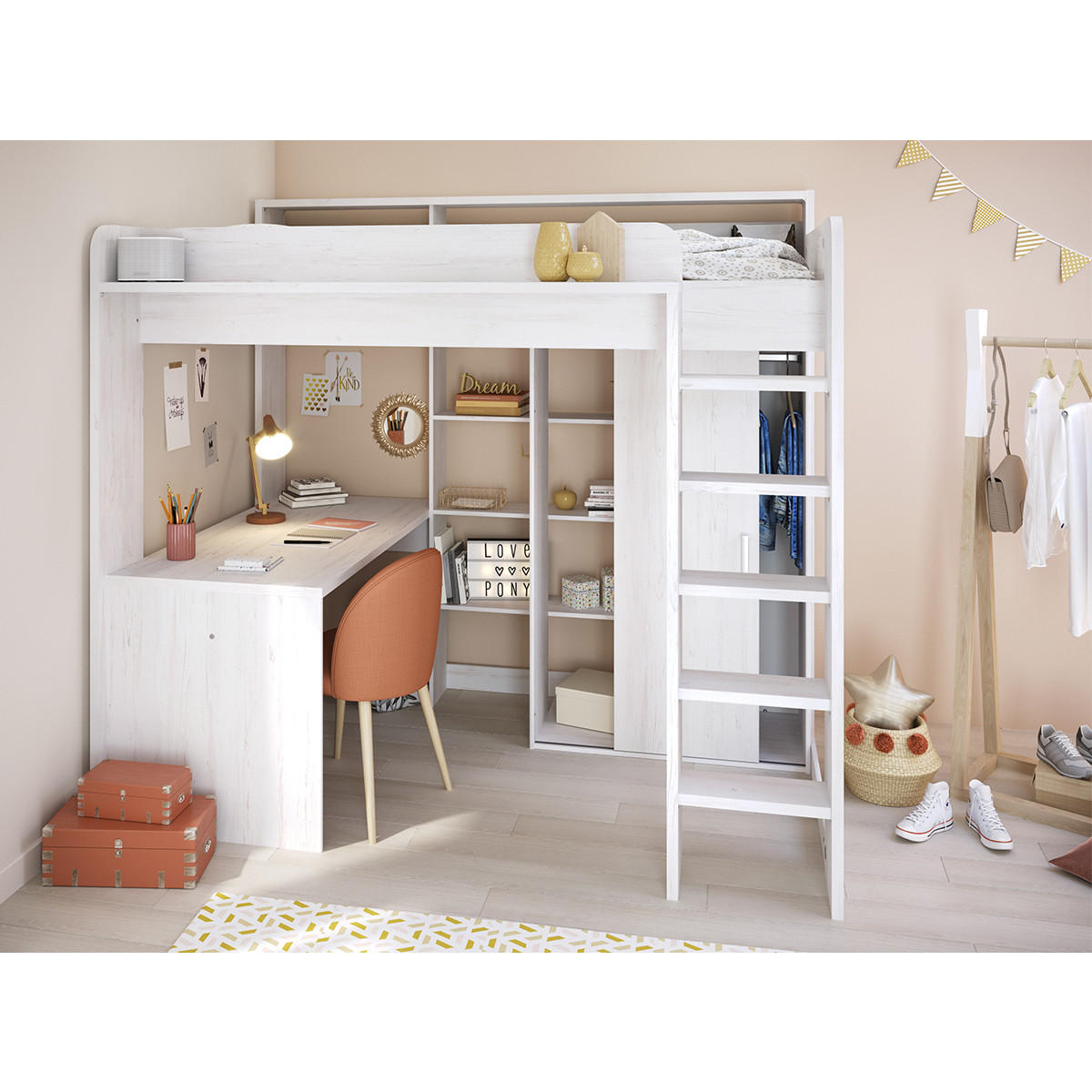 HOCHBETT Higher von Parisot Jugendbett 90 x 200 cm in Kiefer Hell komplett Set mit integriertem Schreibtisch und Kleiderschrank - Grau, Holzwerkstoff (90/200cm) - Calicosy