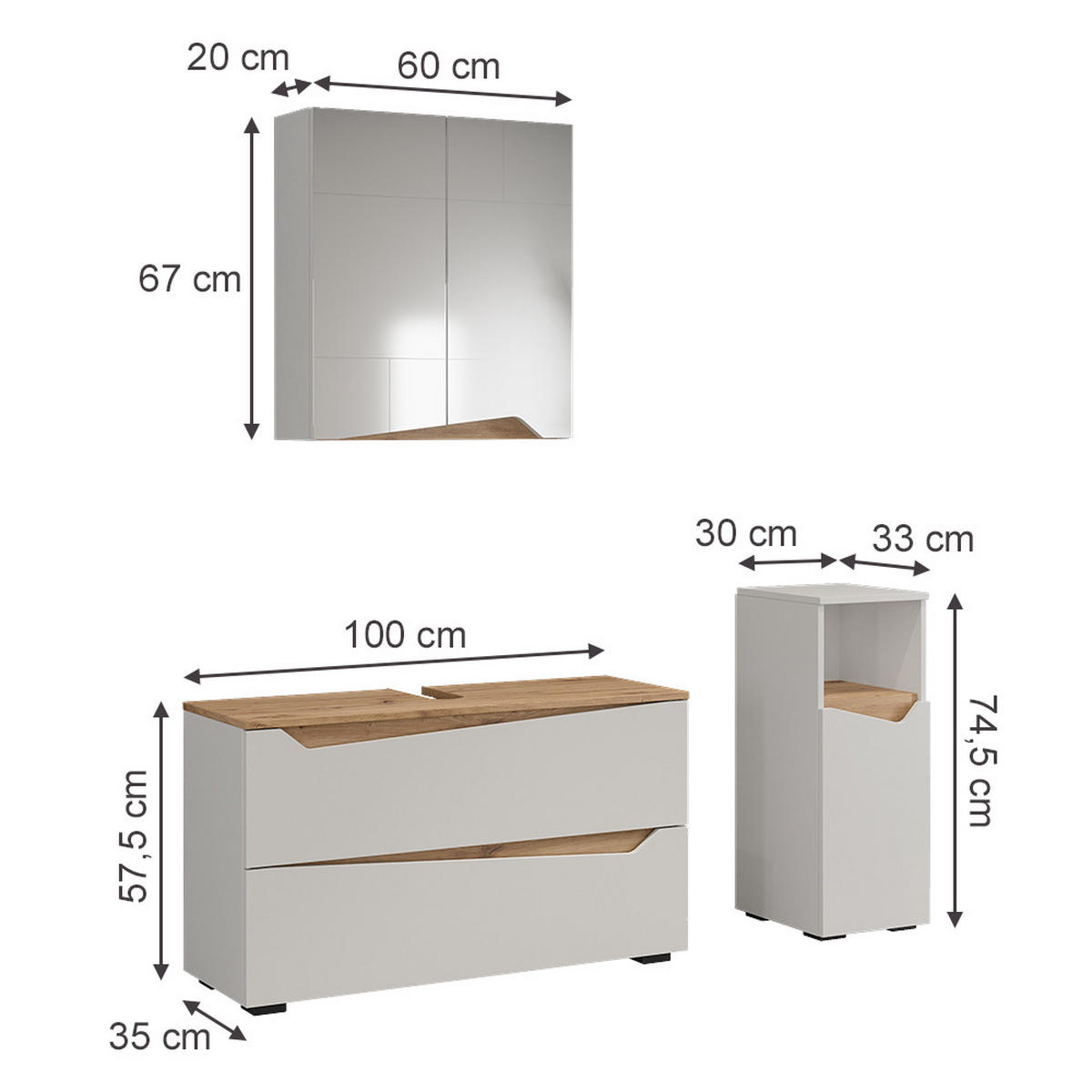 BADMÖBEL-SET Marelle, Weiß/Artisan-Eiche, 3 Teile - Weiß/Eiche Artisan, Holzwerkstoff (100/57.5/35cm) - Vicco