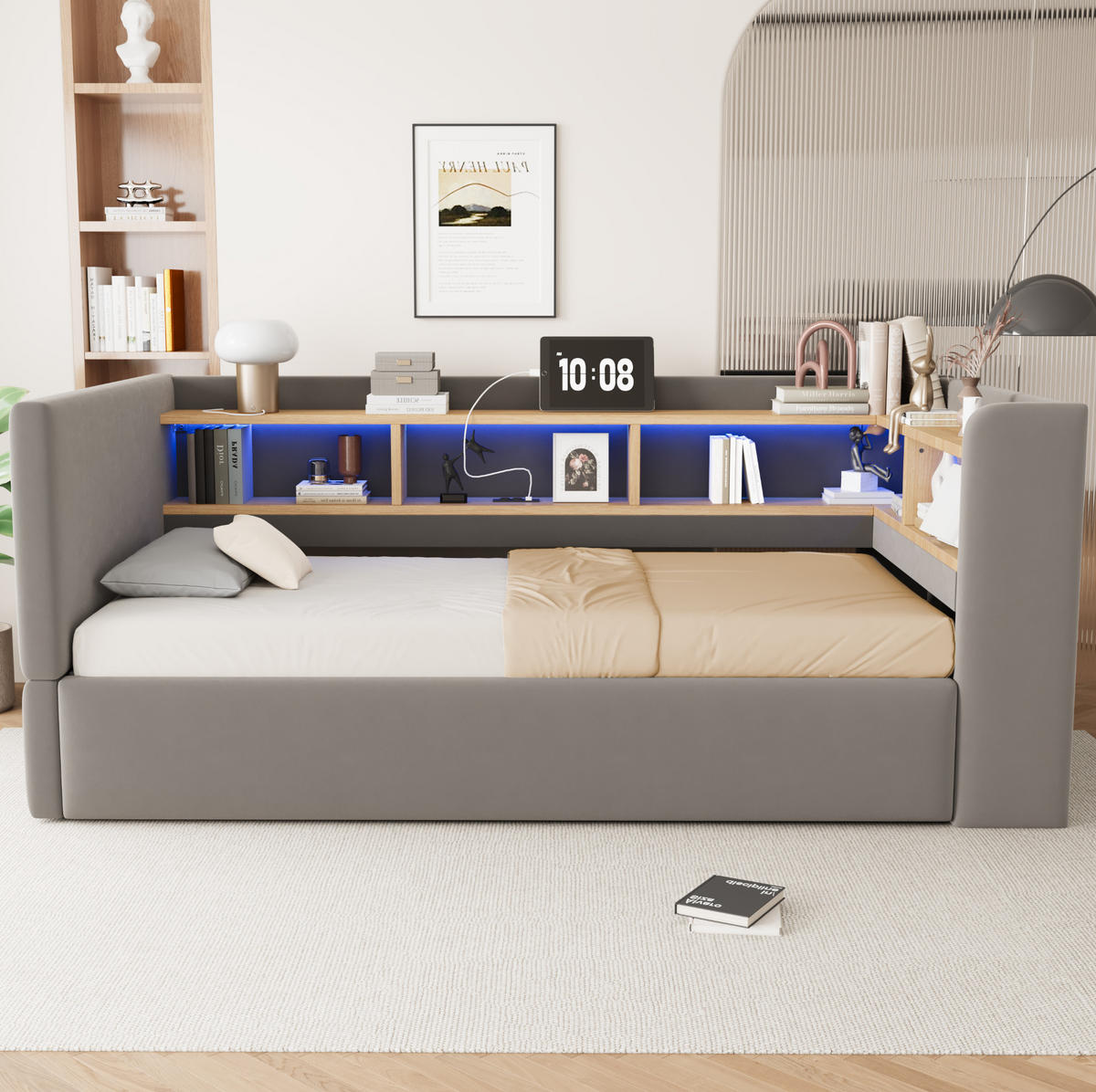 POLSTERBETT 90/190 cm aus Flanell mit LED/Steckdosen und Stauraum, Dunkelgrau - Dunkelgrau, Textil (90/190cm) - OKMYHOME