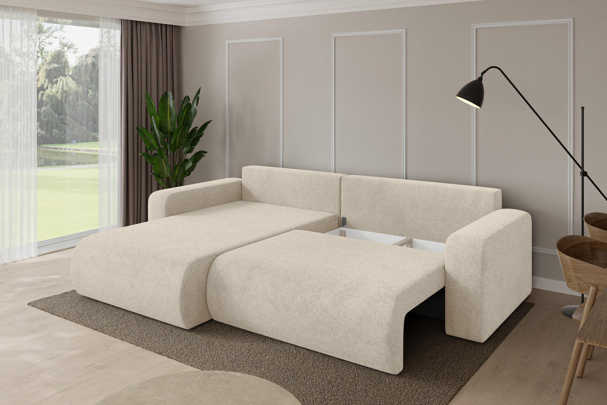 ROHOVÁ SEDAČKA s funkcí spaní, otoman vlevo BERY-L 276x193x88 krémová velur - černá/krémová, kompozitní dřevo/textil (276/193cm) - ALTDECOR