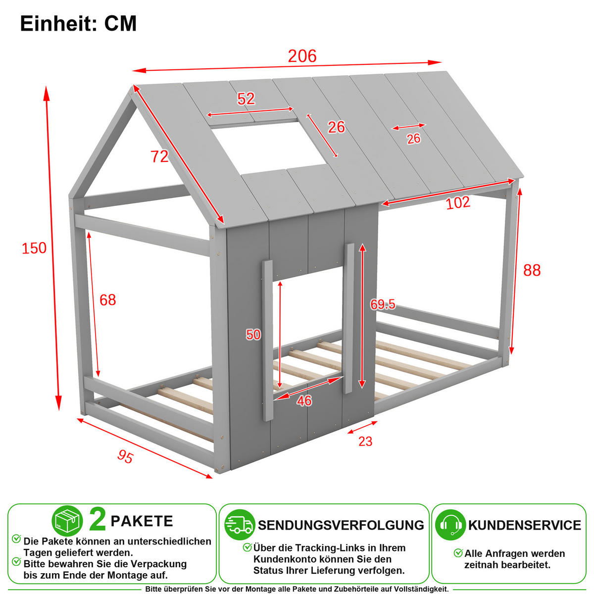 HAUSBETT 90/200 cm in Grau mit Dach und Fenster Kiefernholz - Grau, Holz/Holzwerkstoff (90/200cm) - CHICFURN