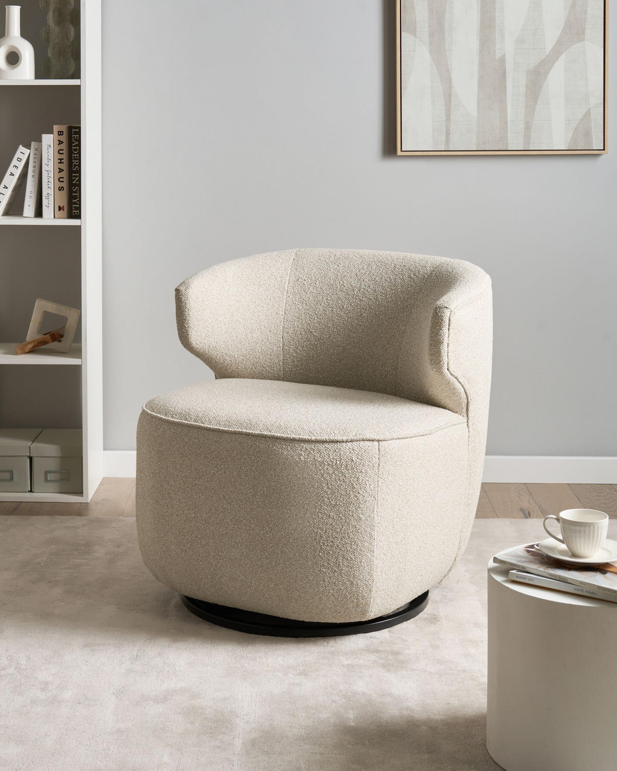 DREHSESSEL Hellbeige Molleby - Beige/Schwarz, Textil (73/78/77cm) - Beliani