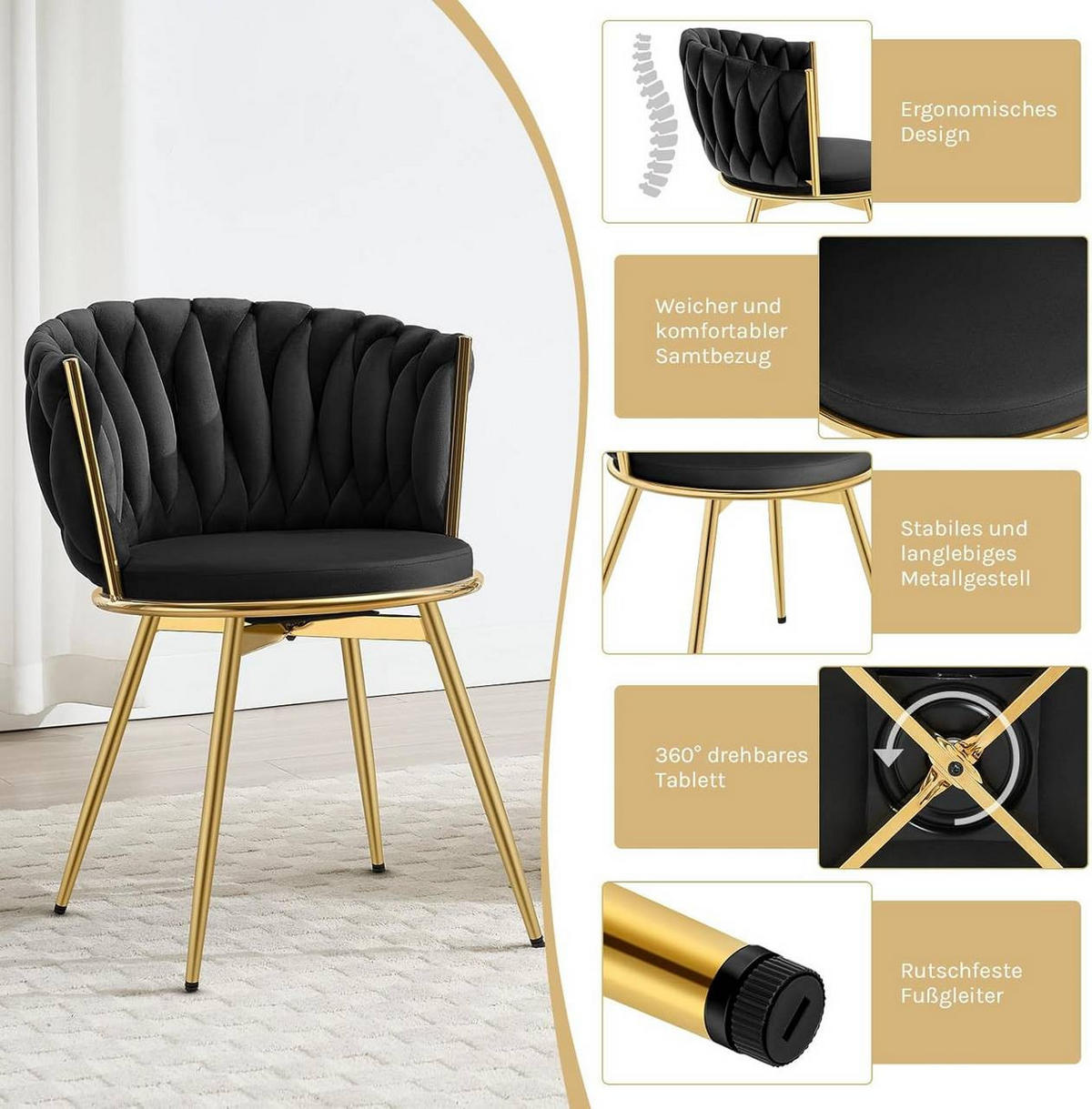 ESSZIMMERSTUHL 2er Set, drehbar, Samt, Schwarz - Goldfarben/Schwarz, Textil/Metall (60.5/78/59.5cm) - Woltu