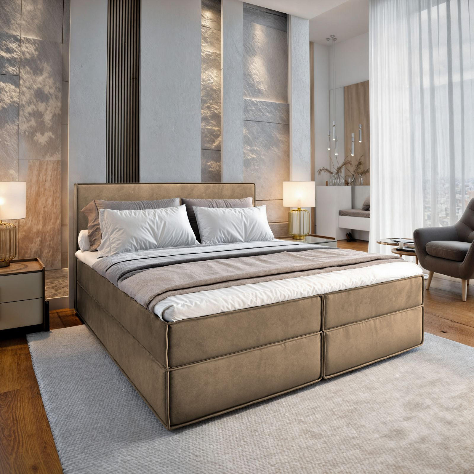 BOXBETT PELLIO 160x200 cm mit Matratze und Topper - Beige - Beige, Holz (160/200cm) - MASSENO