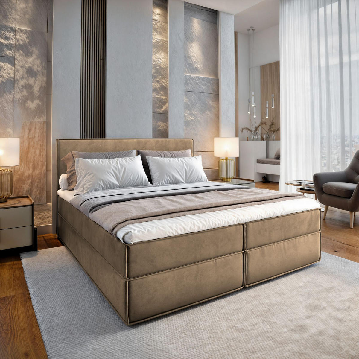 BOXBETT PELLIO 160x200 cm mit Matratze und Topper - Beige - Beige, Holz (160/200cm) - MASSENO