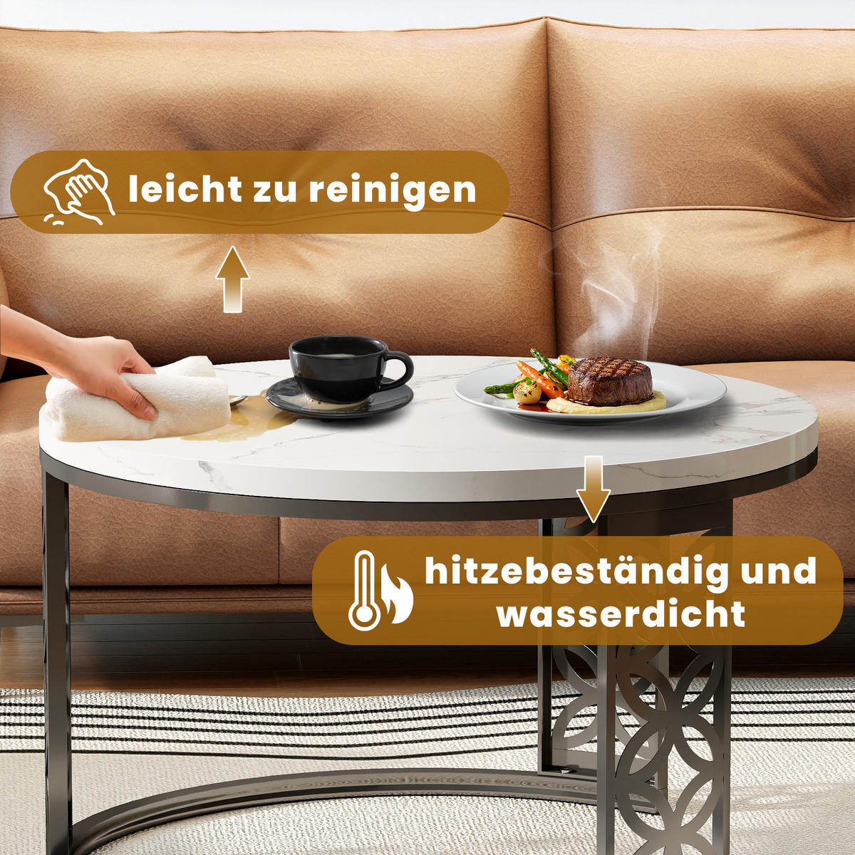 COUCHTISCH Moderner Satztisch 70/70/45 cm + 45/45/37 cm mit Marmor Furnier - Weiß, Holzwerkstoff (70/70/45cm) - OKWISH