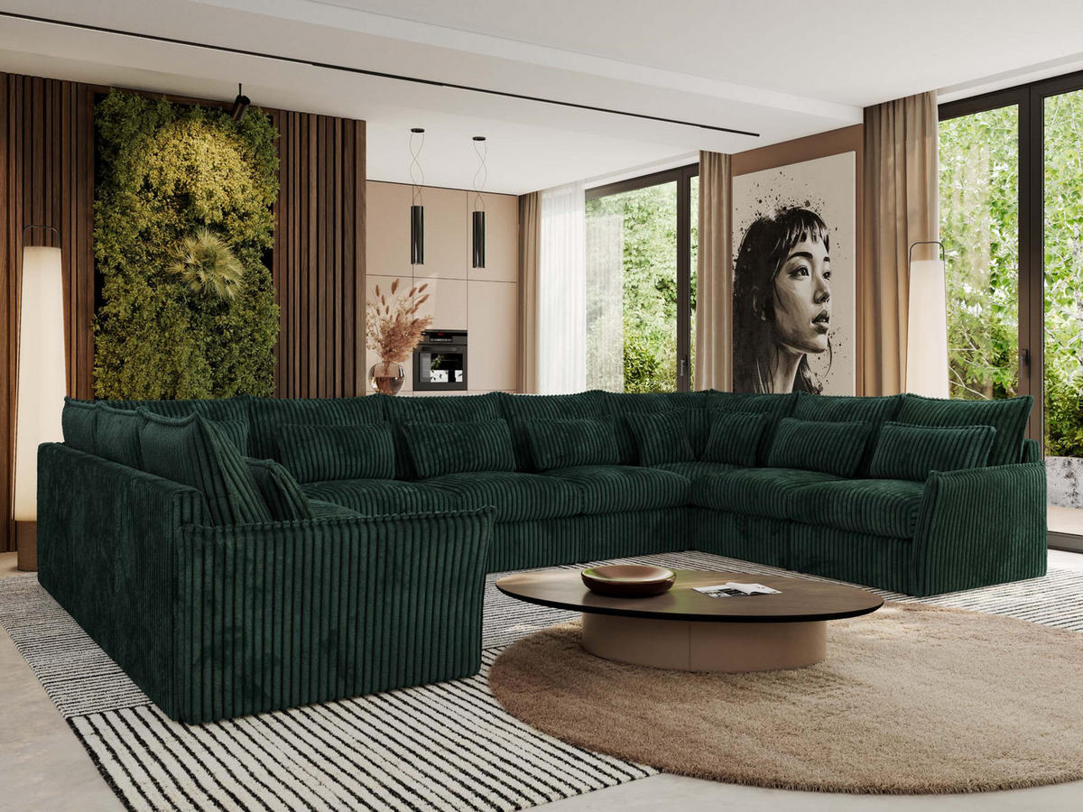 WOHNLANDSCHAFT VERSO U 9M Grün Cord - Schwarz/Grün, Kunststoff/Textil (442/93/270cm) - MKS